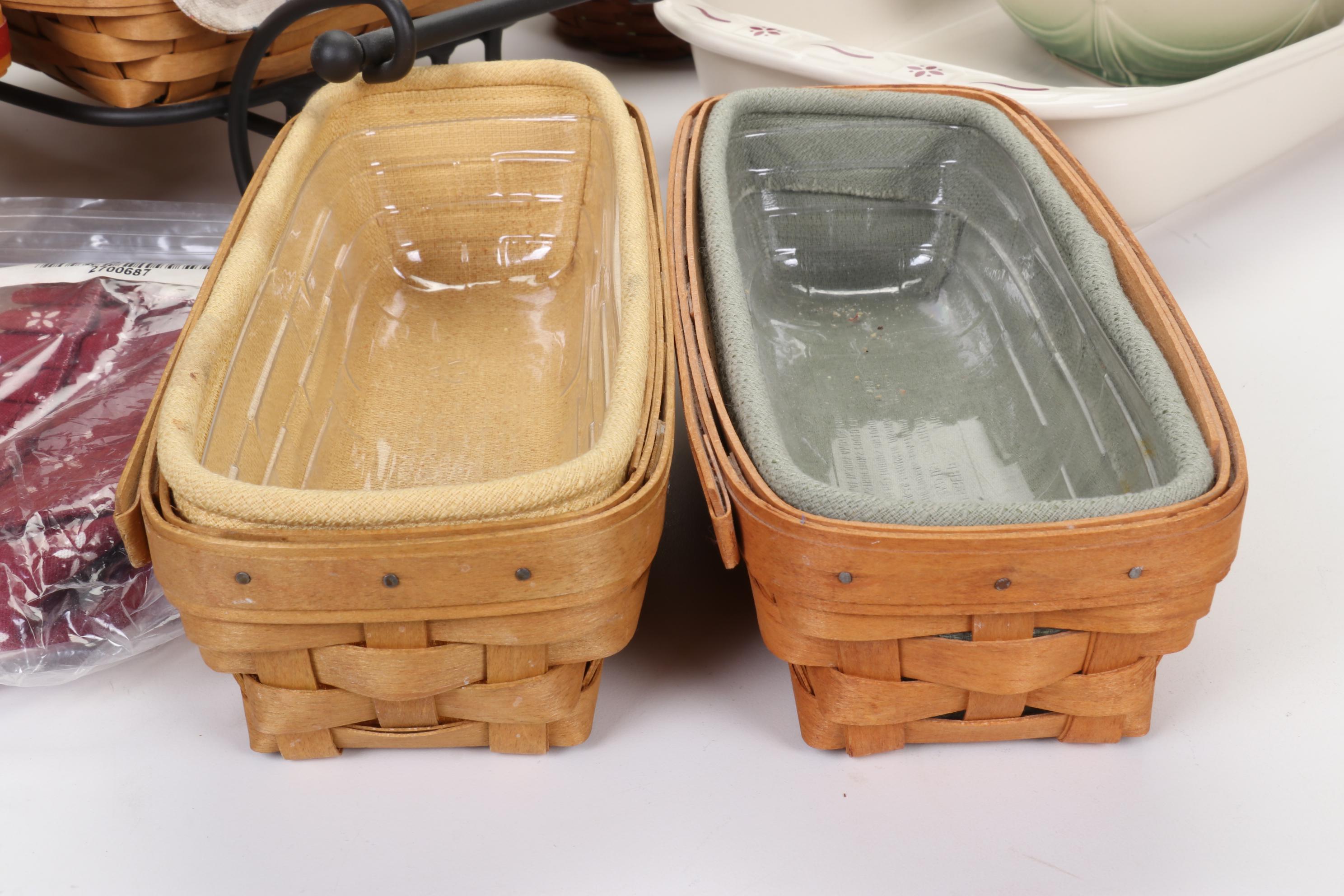 Longaberger Baskets with Pottery Christmas Mugs and Serving Pieces