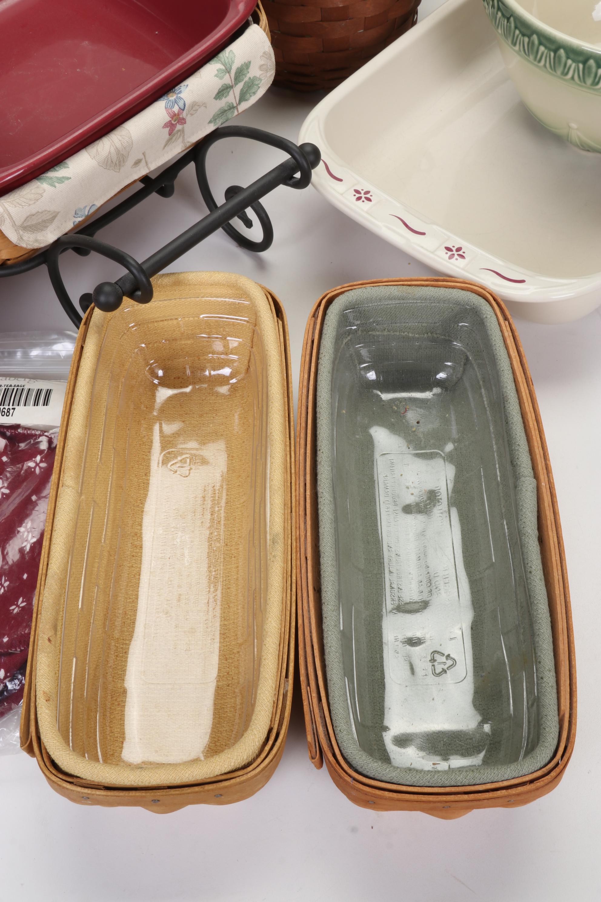 Longaberger Baskets with Pottery Christmas Mugs and Serving Pieces