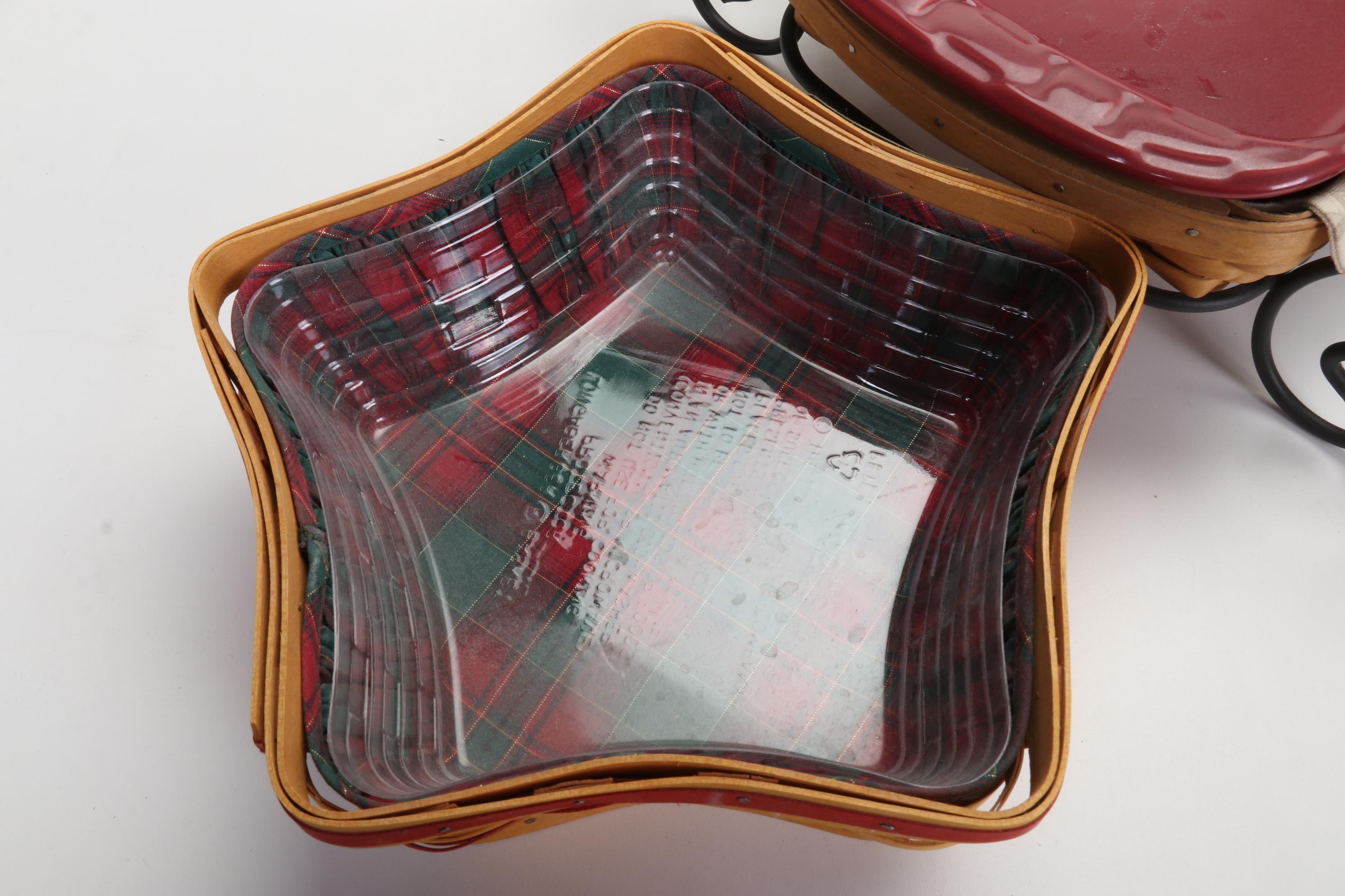 Longaberger Baskets with Pottery Christmas Mugs and Serving Pieces