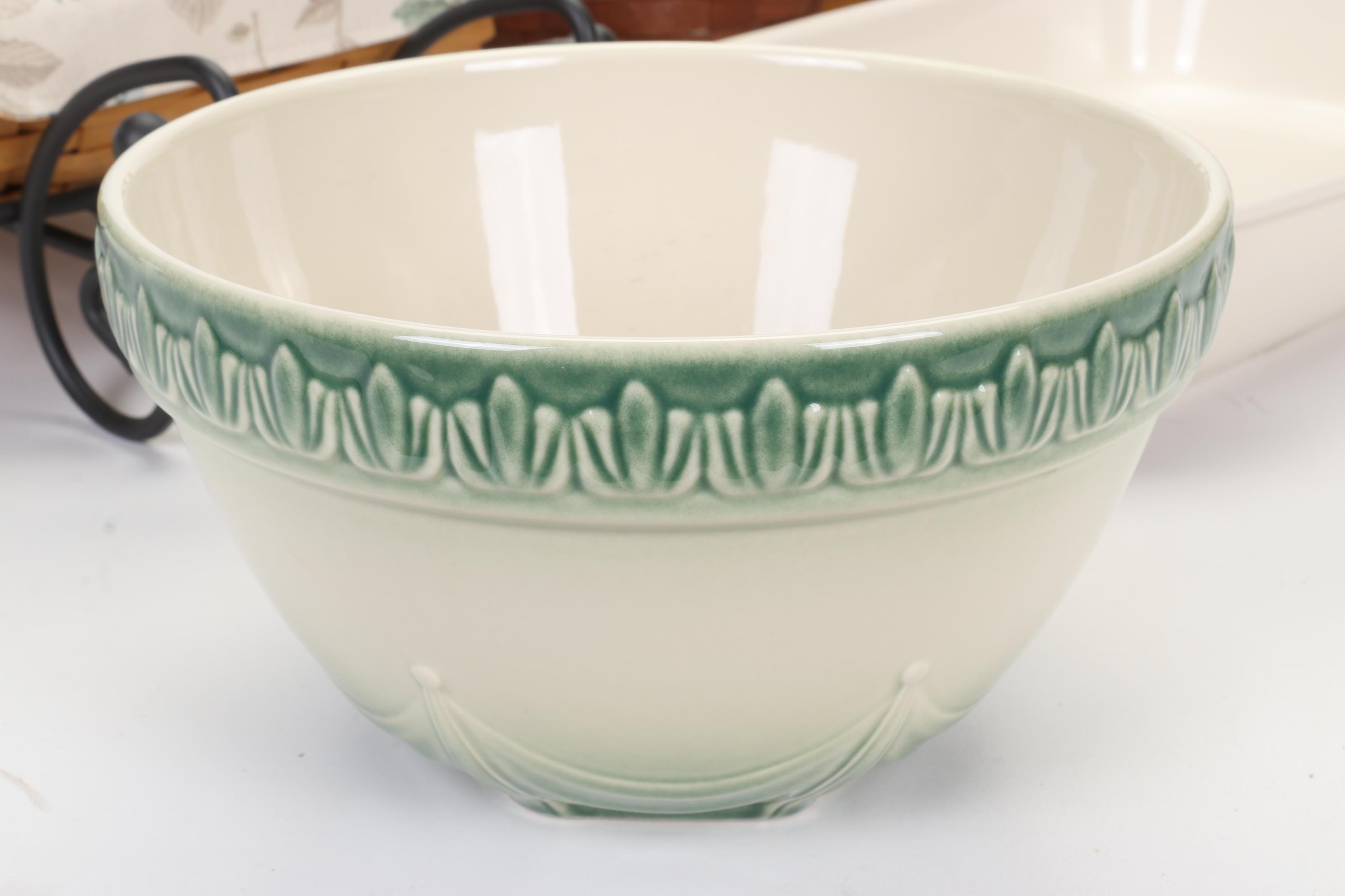Longaberger Baskets with Pottery Christmas Mugs and Serving Pieces