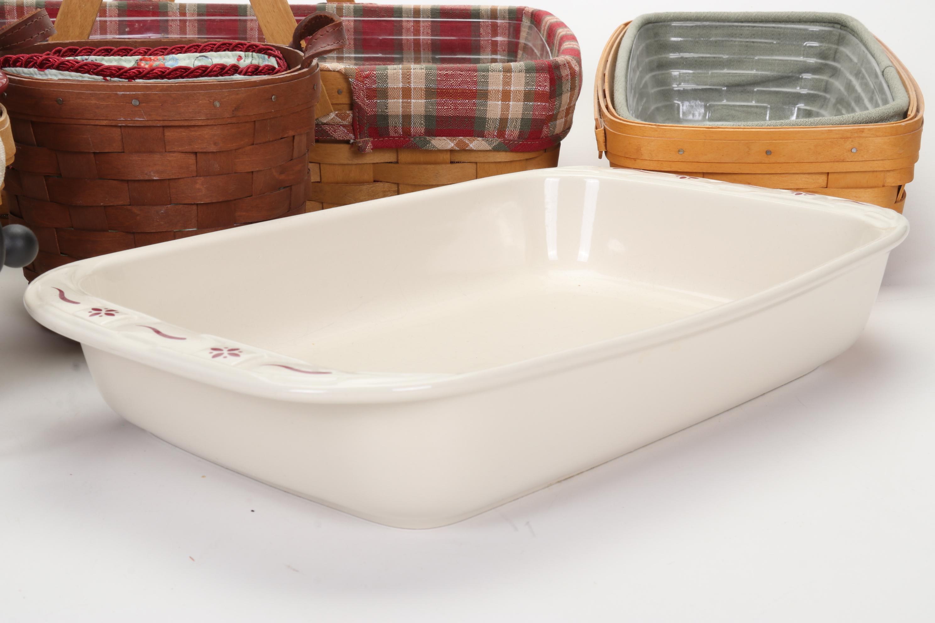 Longaberger Baskets with Pottery Christmas Mugs and Serving Pieces