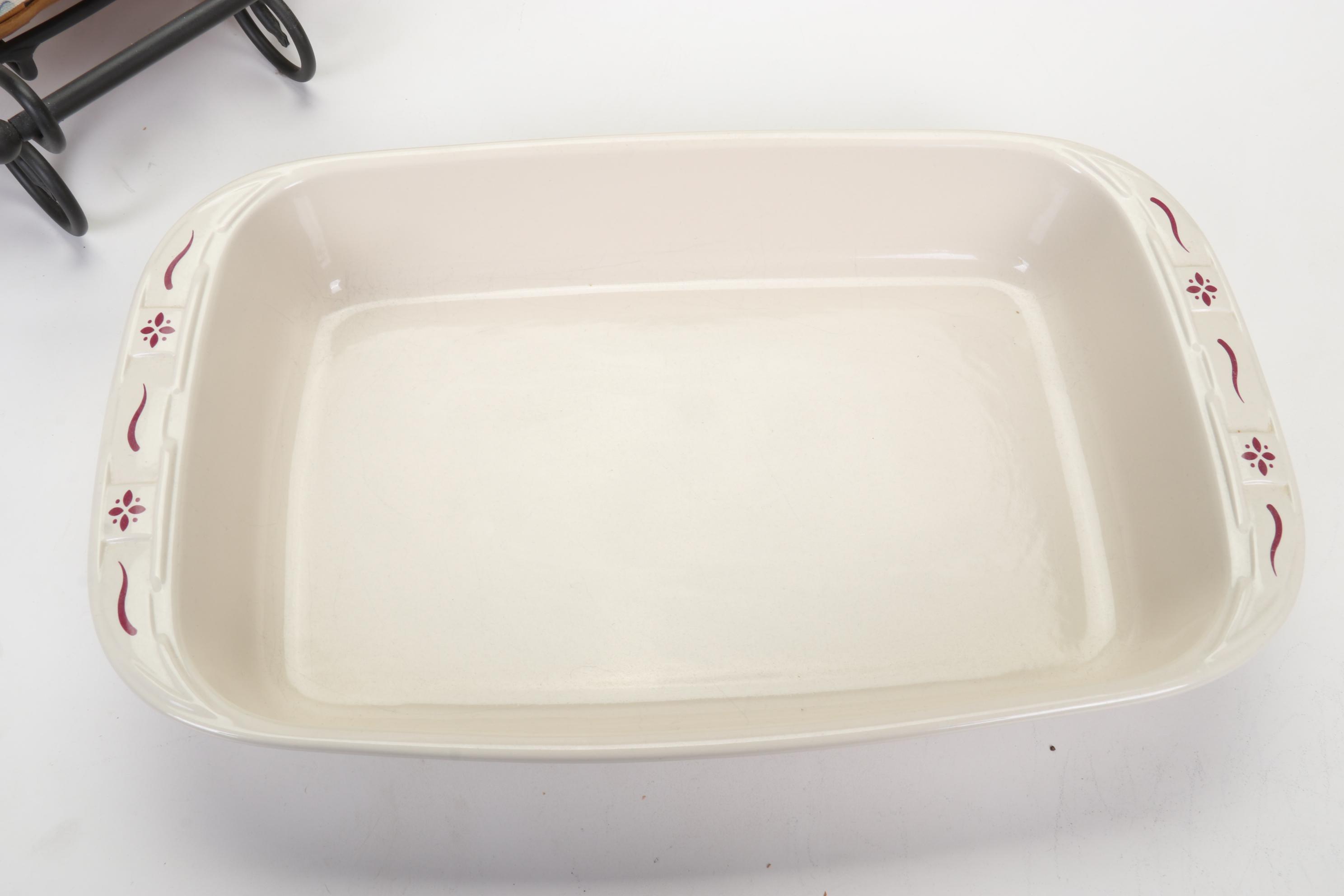 Longaberger Baskets with Pottery Christmas Mugs and Serving Pieces