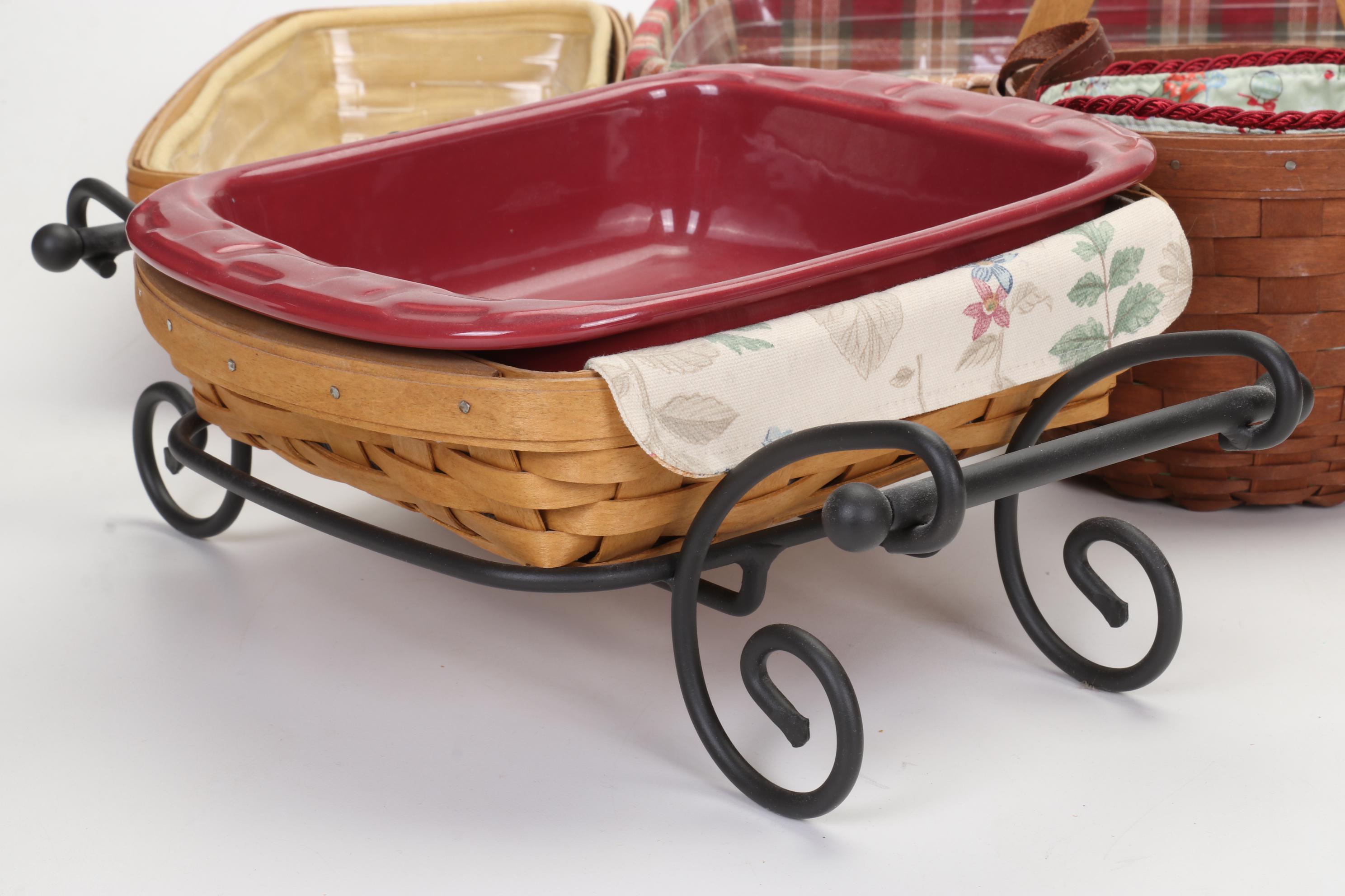 Longaberger Baskets with Pottery Christmas Mugs and Serving Pieces