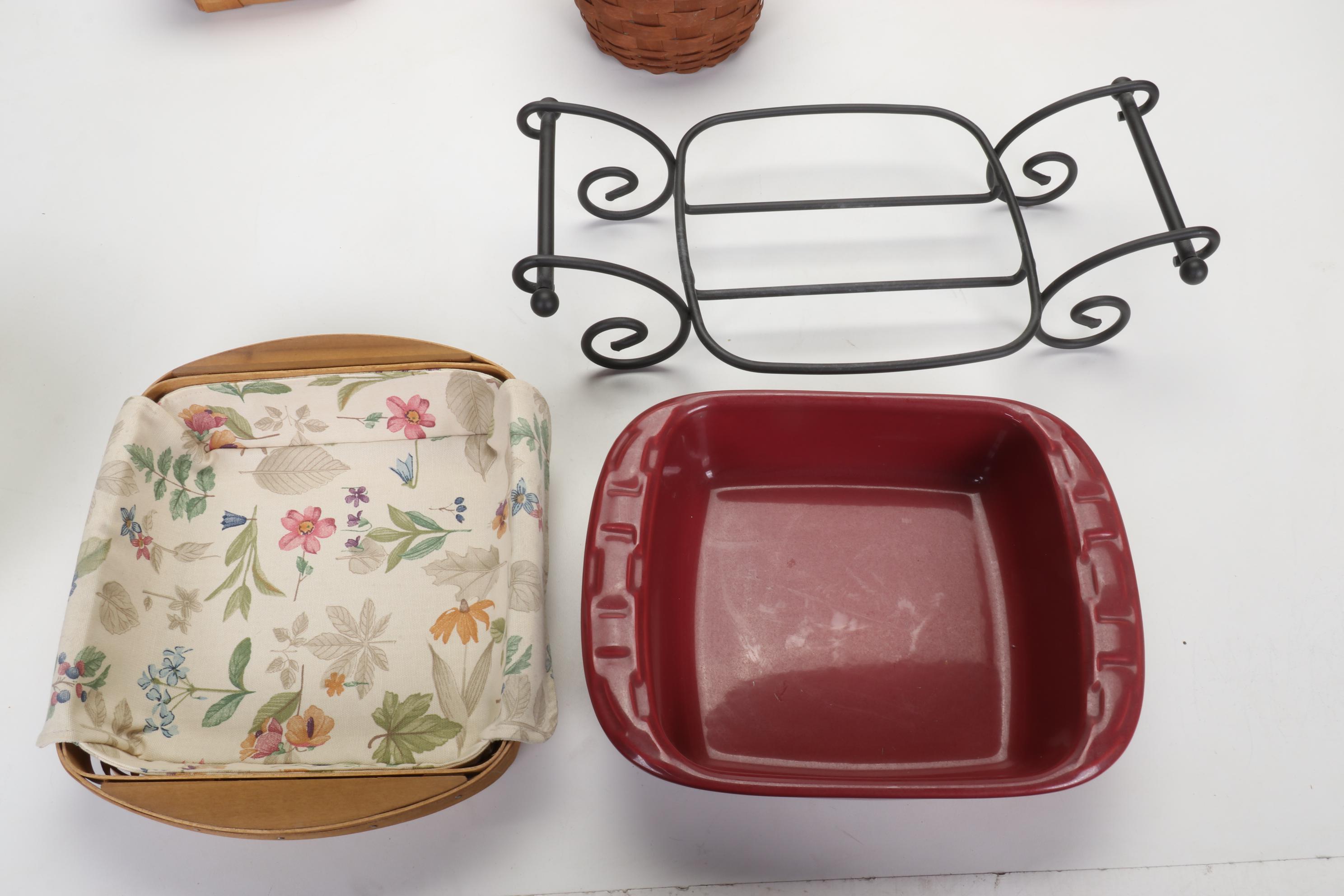 Longaberger Baskets with Pottery Christmas Mugs and Serving Pieces