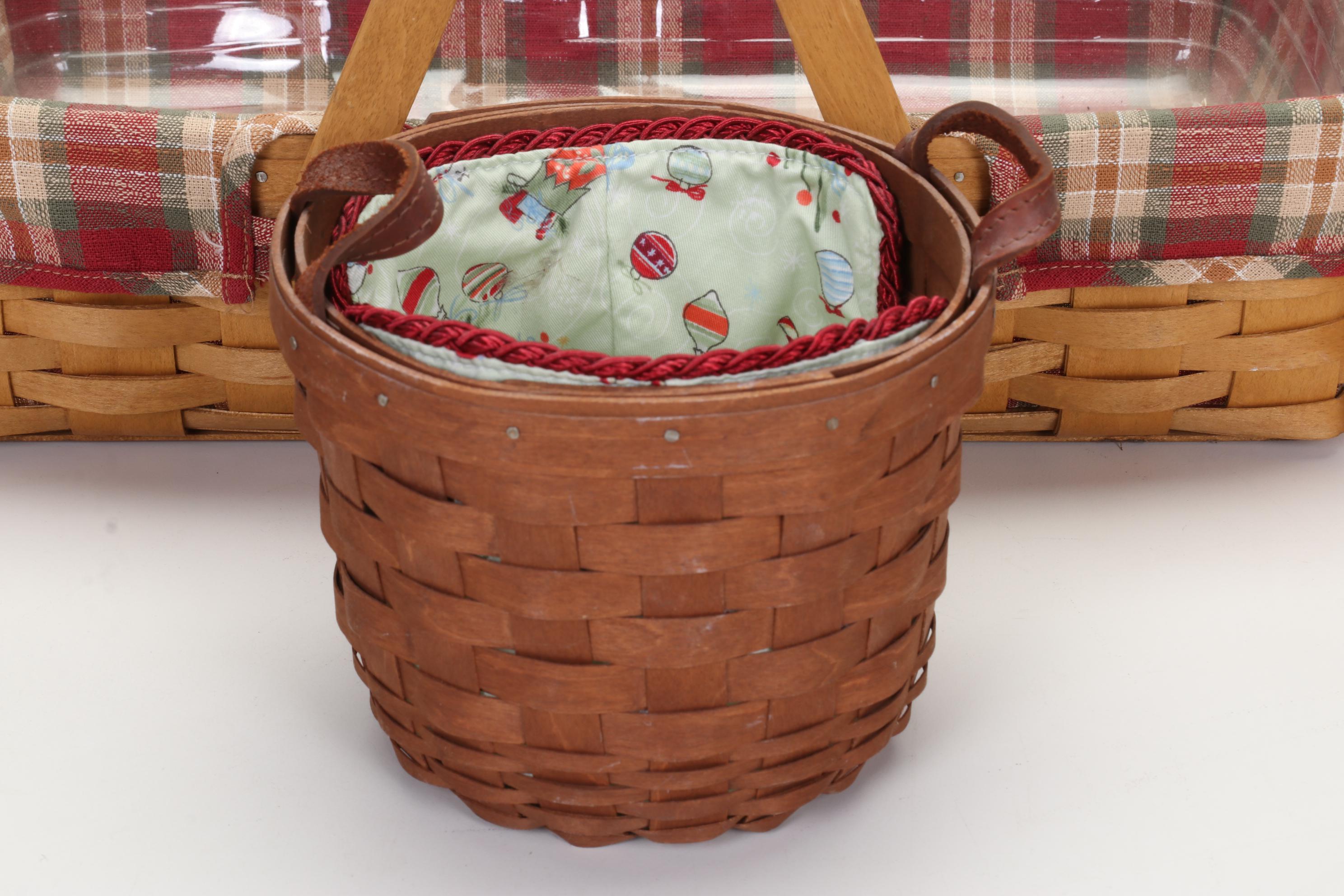Longaberger Baskets with Pottery Christmas Mugs and Serving Pieces