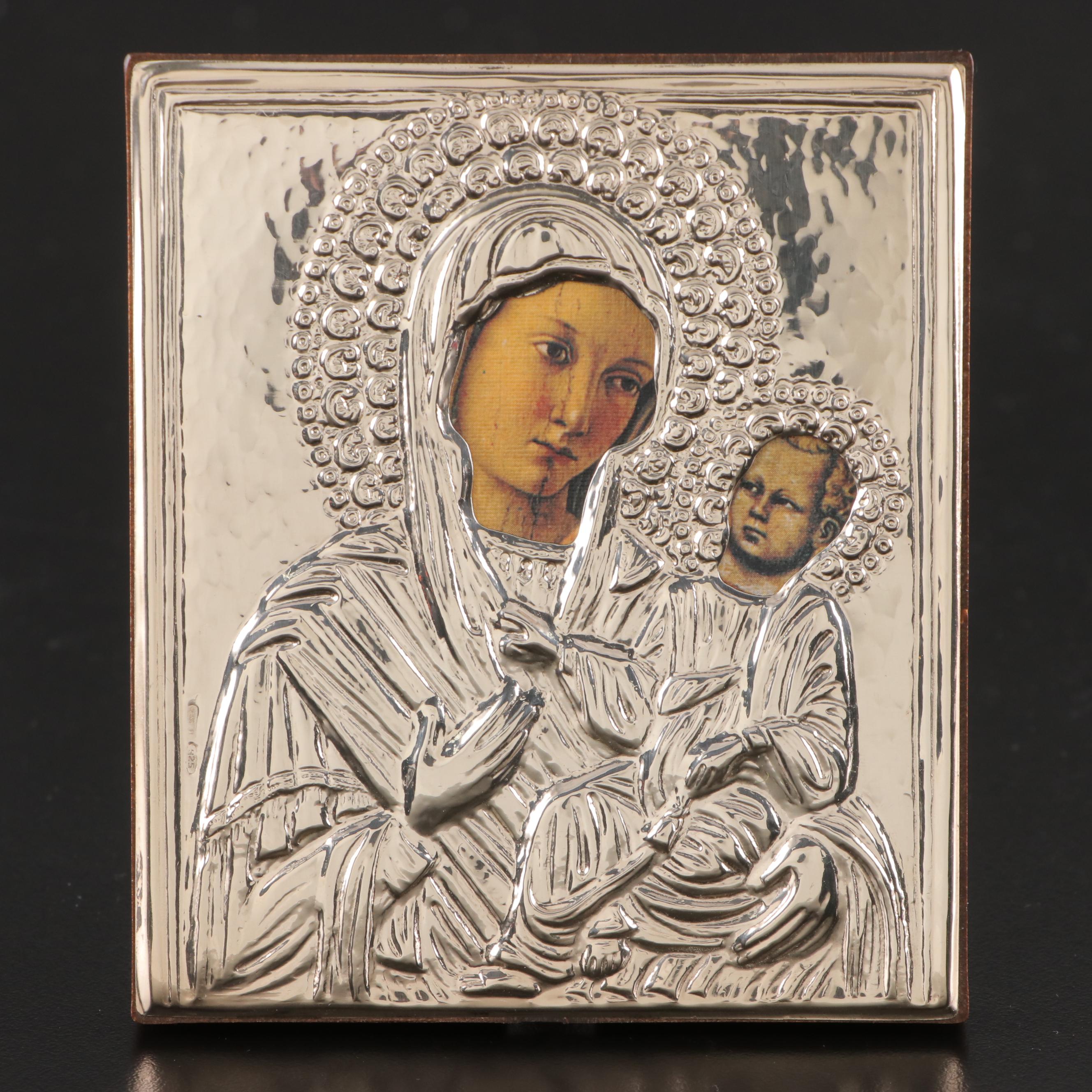 Italian Madonna and Child Icon with Giancarlo Livi Sterling Silver Riza