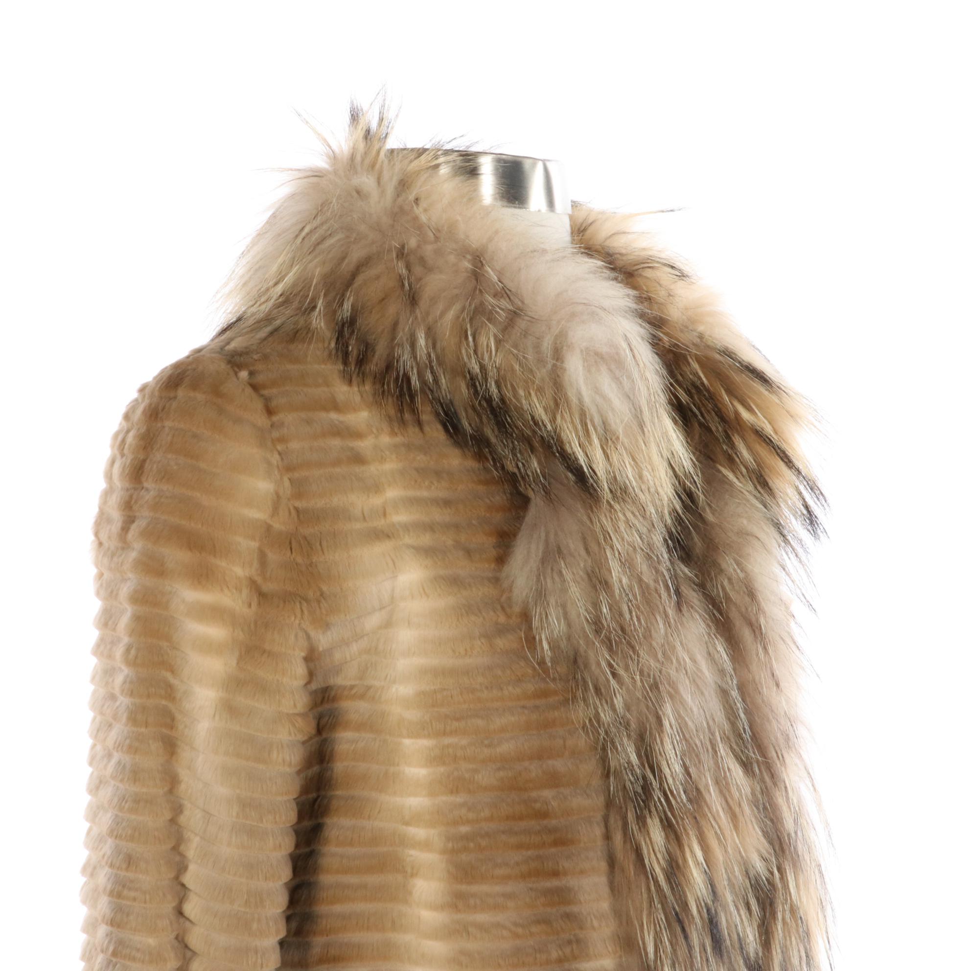 Reversible Corded Clipped Rabbit Fur/Fabric Jacket with Tanuki Fur Trim