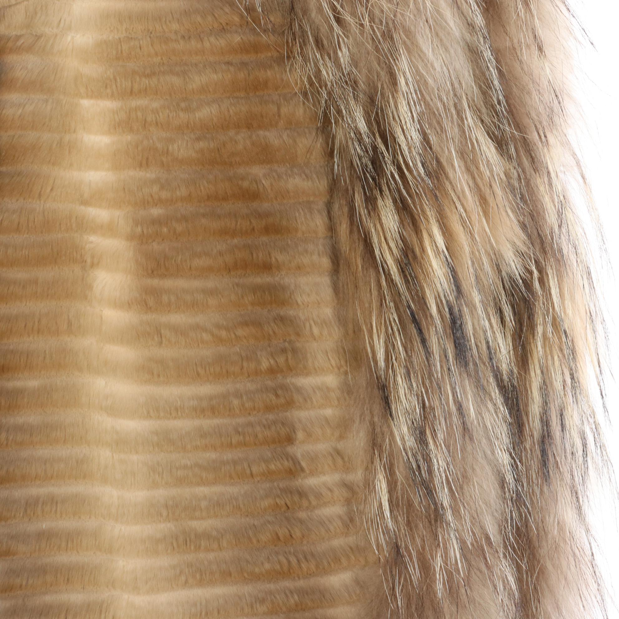 Reversible Corded Clipped Rabbit Fur/Fabric Jacket with Tanuki Fur Trim