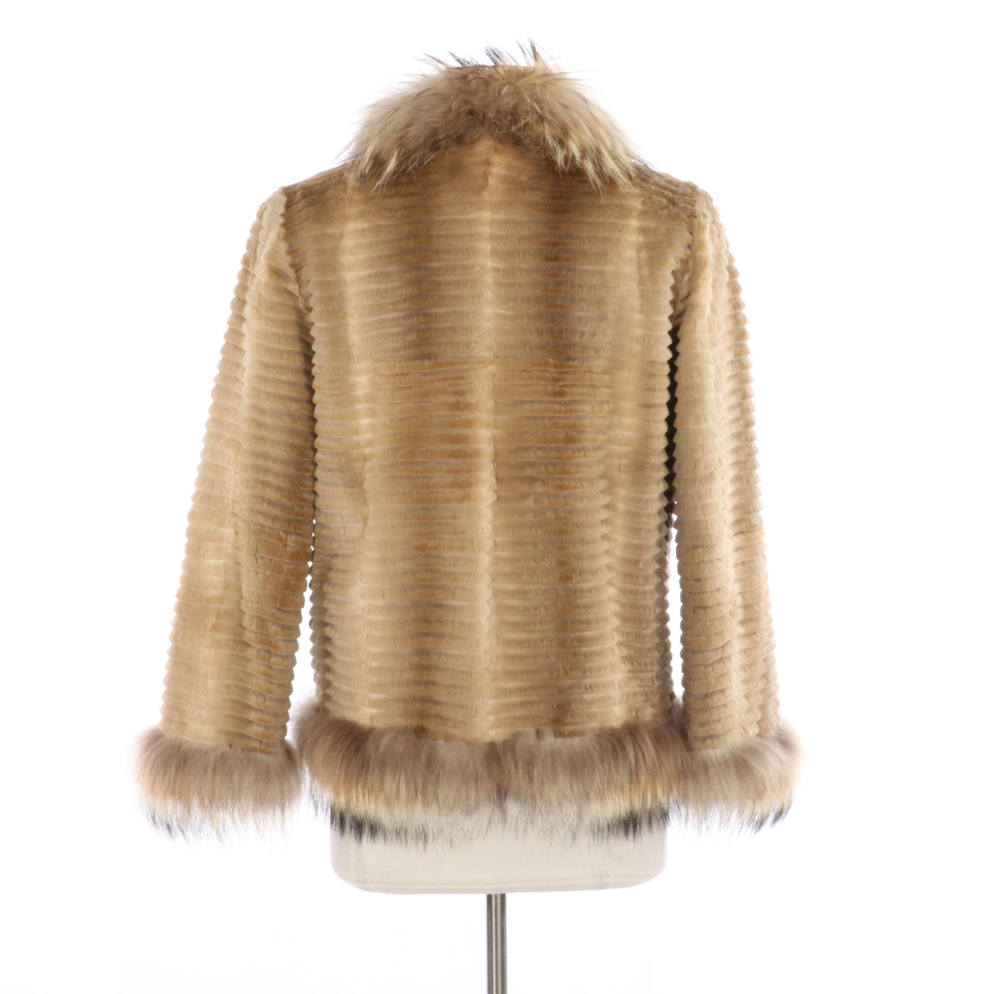Reversible Corded Clipped Rabbit Fur/Fabric Jacket with Tanuki Fur Trim