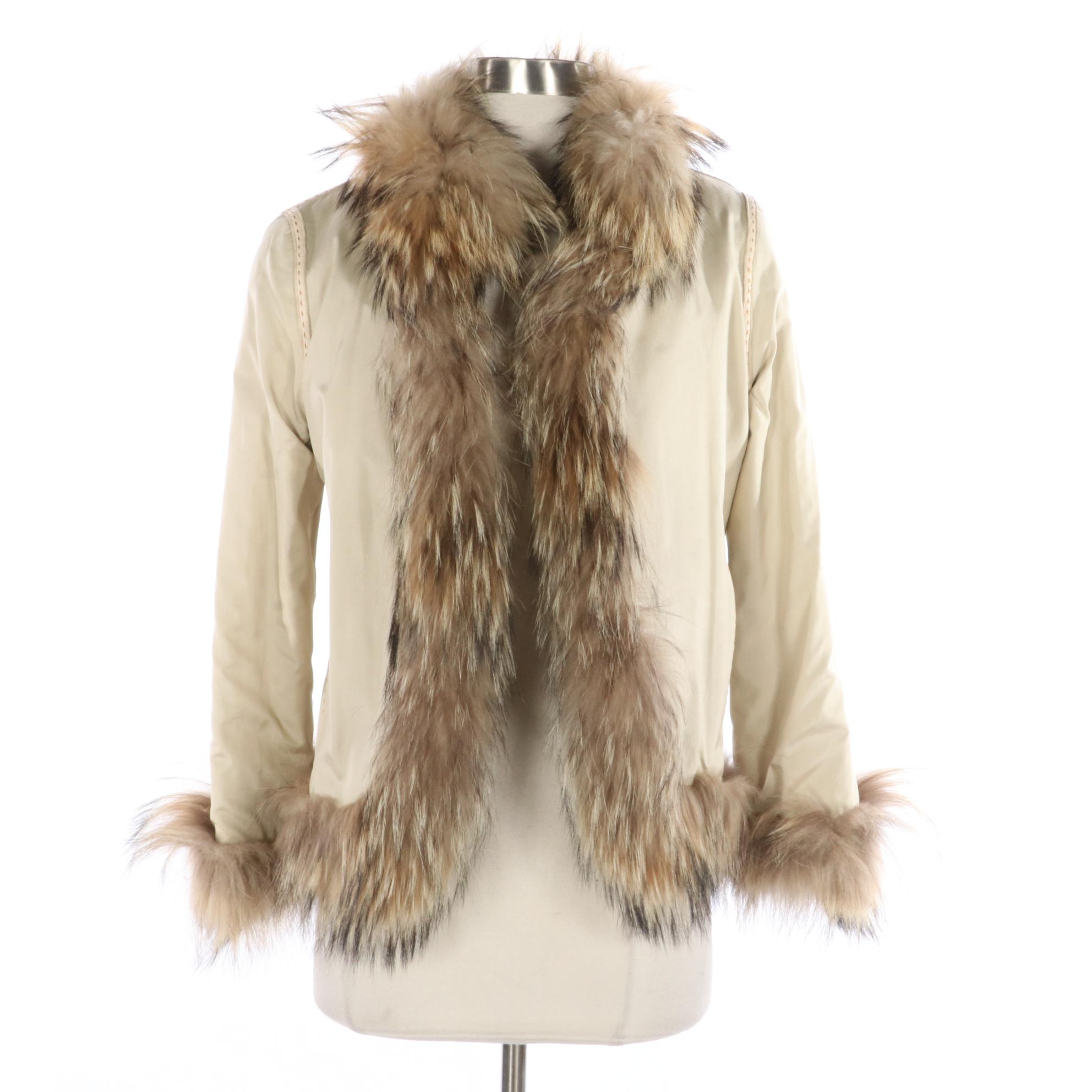 Reversible Corded Clipped Rabbit Fur/Fabric Jacket with Tanuki Fur Trim