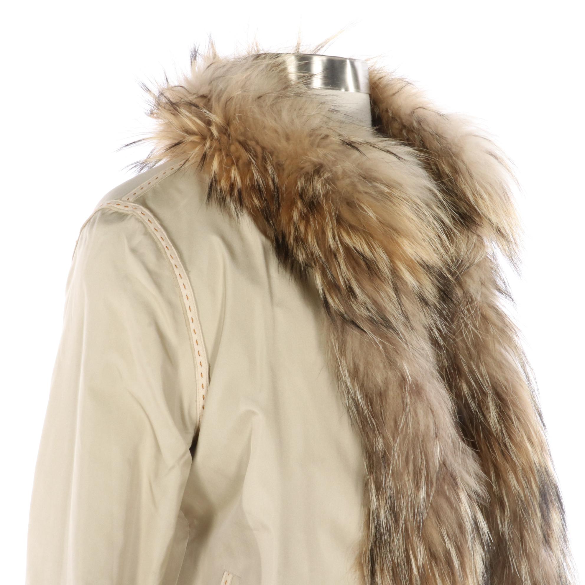 Reversible Corded Clipped Rabbit Fur/Fabric Jacket with Tanuki Fur Trim