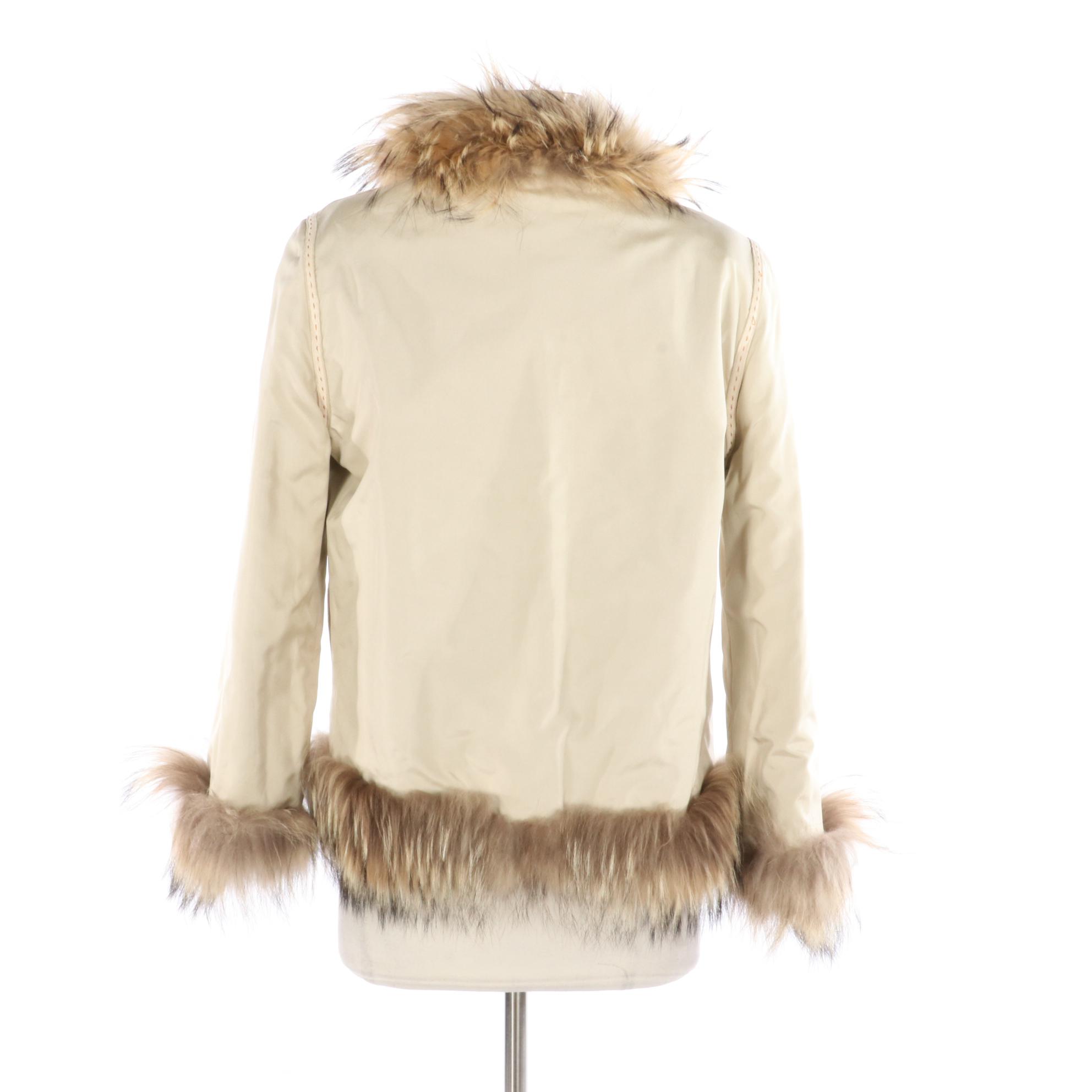 Reversible Corded Clipped Rabbit Fur/Fabric Jacket with Tanuki Fur Trim