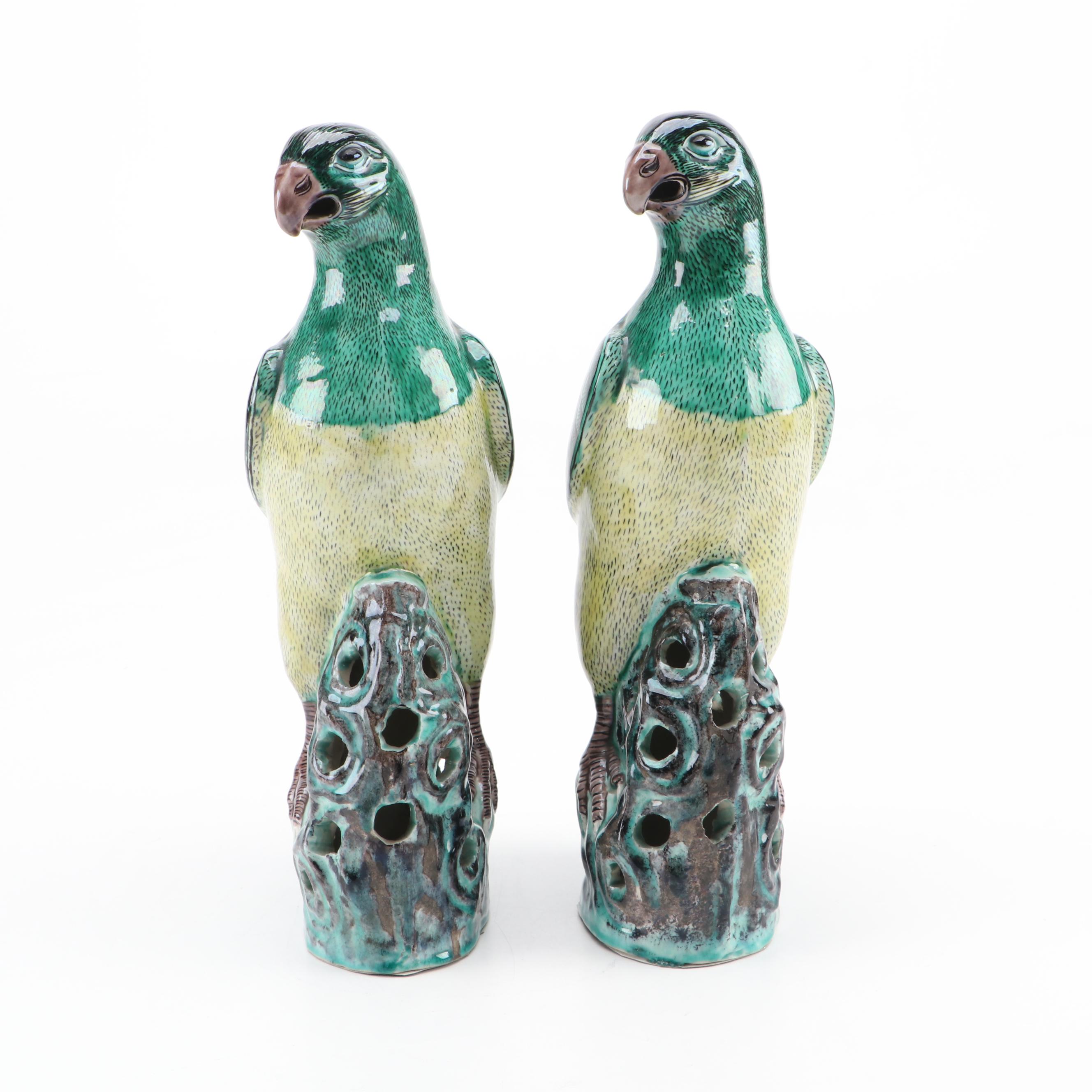 Pair of Chinese Glazed Porcelain Parrot Figures