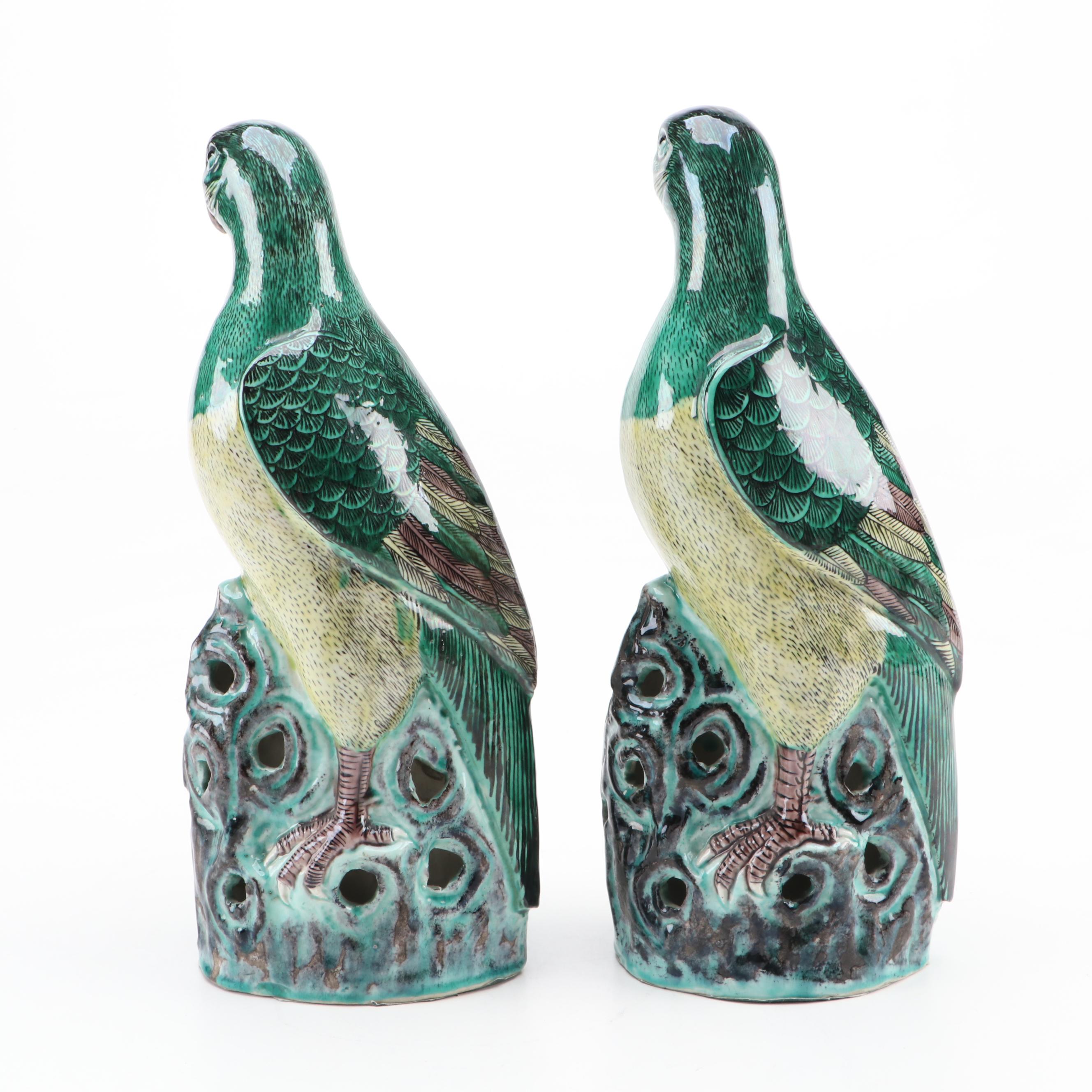 Pair of Chinese Glazed Porcelain Parrot Figures