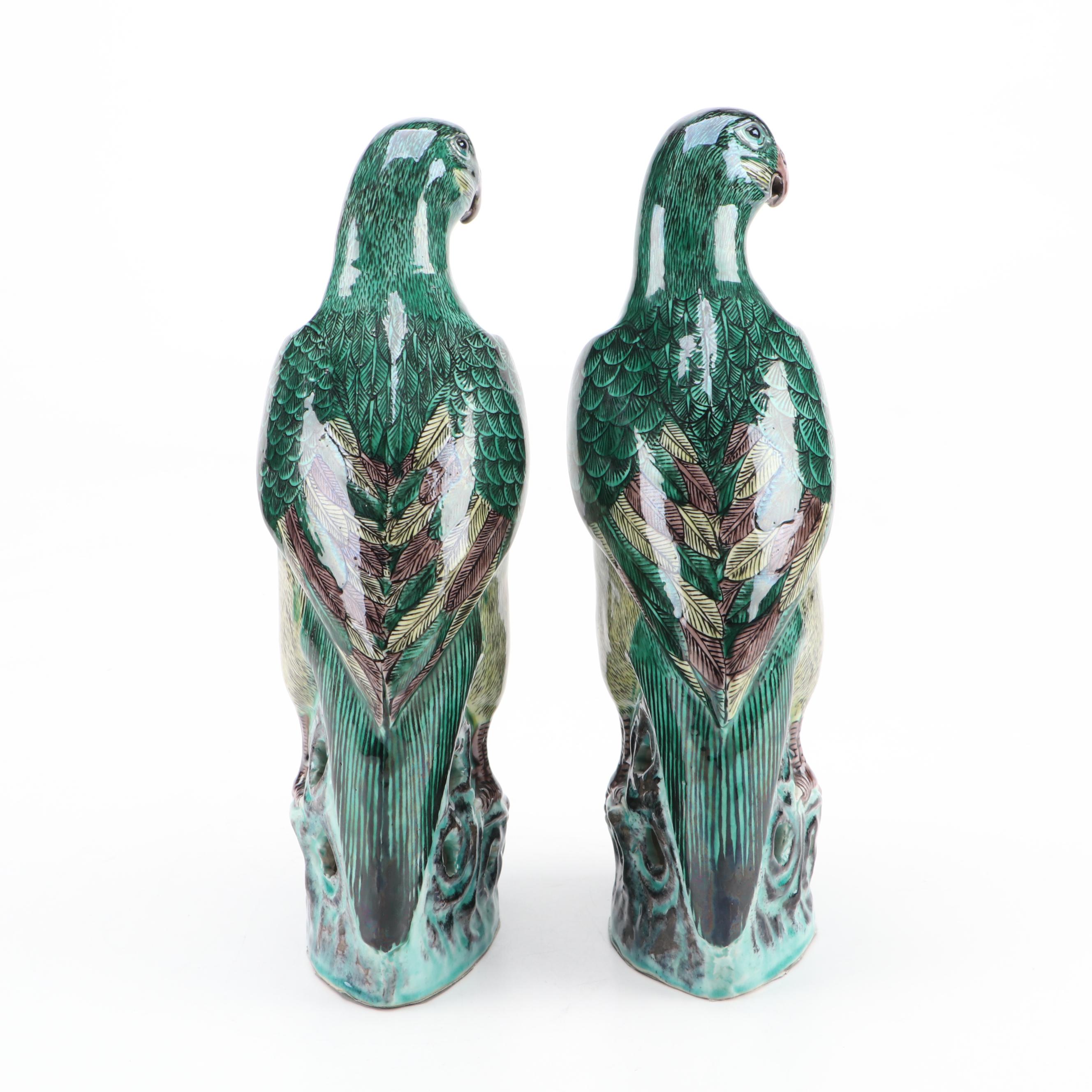 Pair of Chinese Glazed Porcelain Parrot Figures