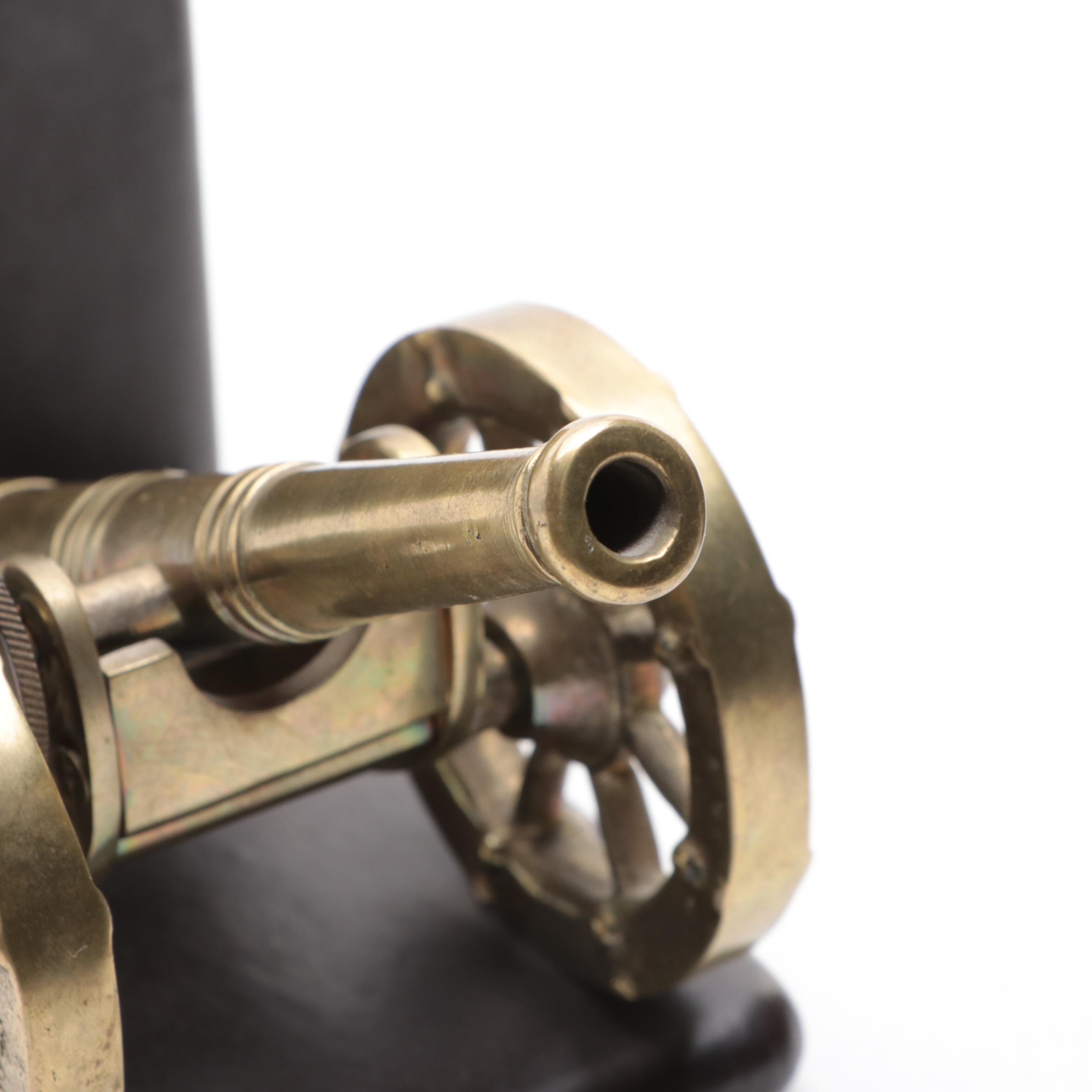 Leather Wrapped Bookends with Models of Brass Cannons EBTH