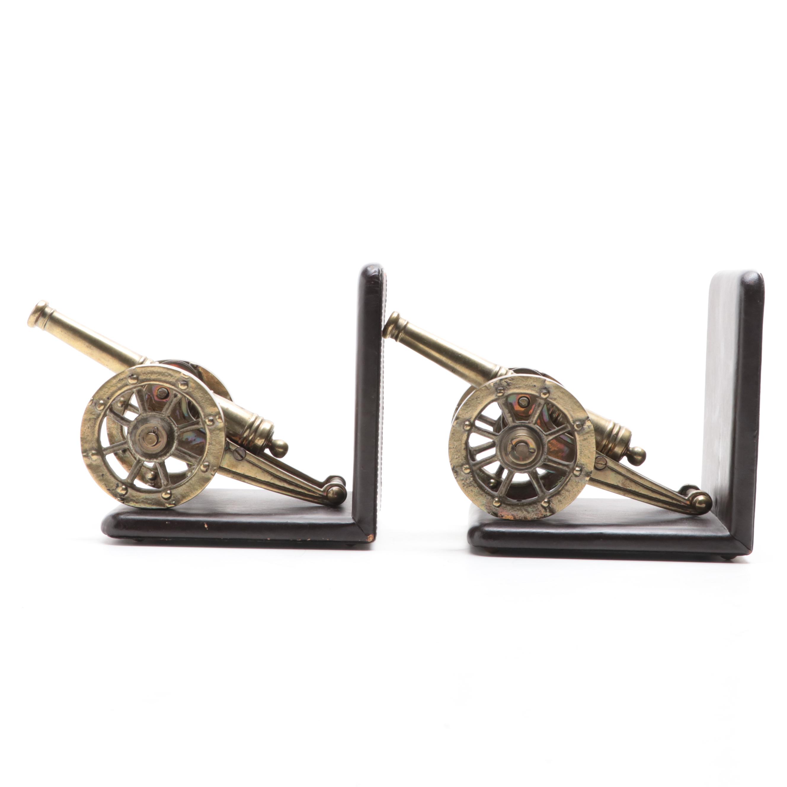 Leather Wrapped Bookends with Models of Brass Cannons EBTH