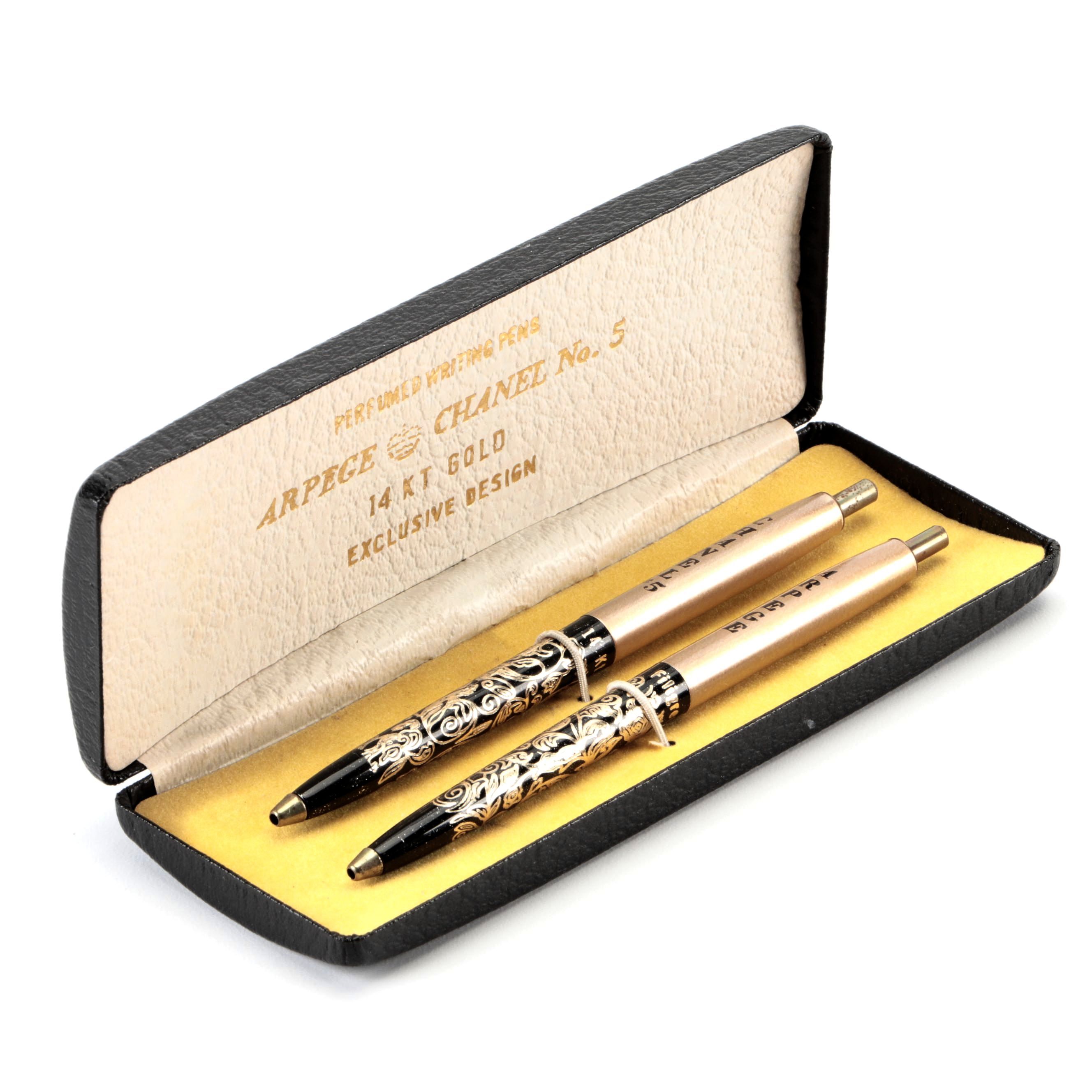 Arpege Chanel #5 14K Gold Filigree Perfumed Ballpoint Pens and Case