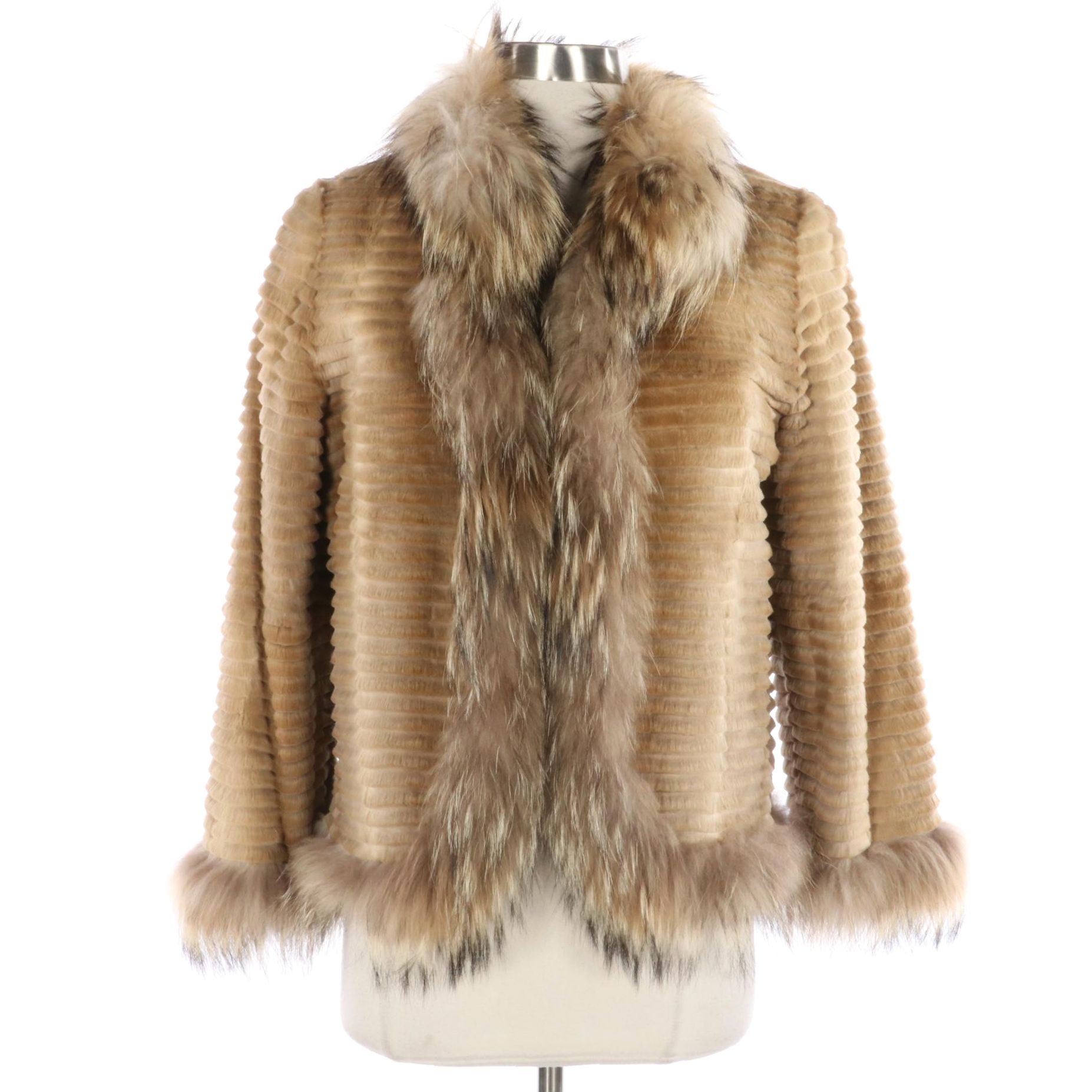 Reversible Corded Clipped Rabbit Fur/Fabric Jacket with Tanuki Fur Trim