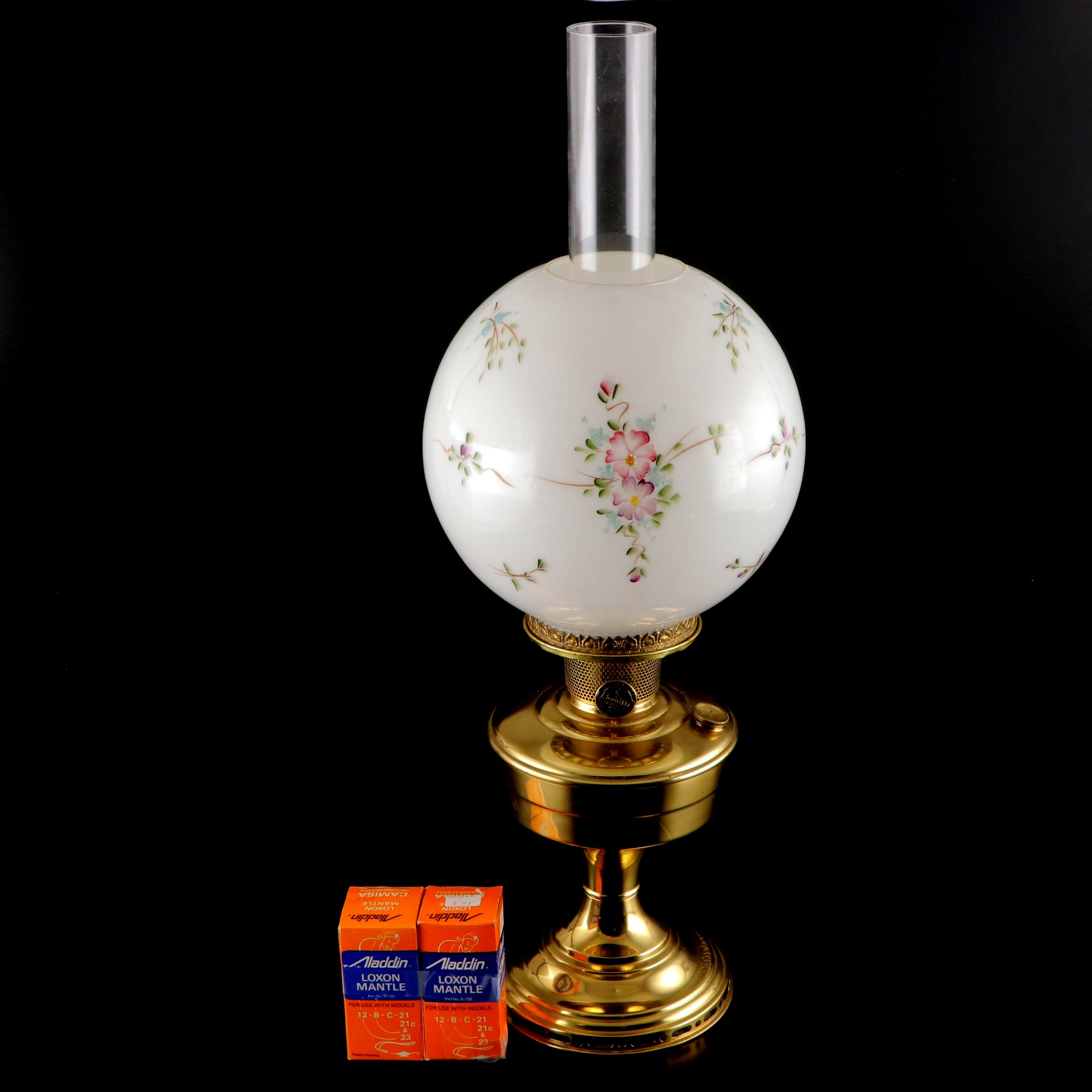 Aladdin Brass Oil Lamp With Hand-Painted Milk Glass Shade, Early 20th Century