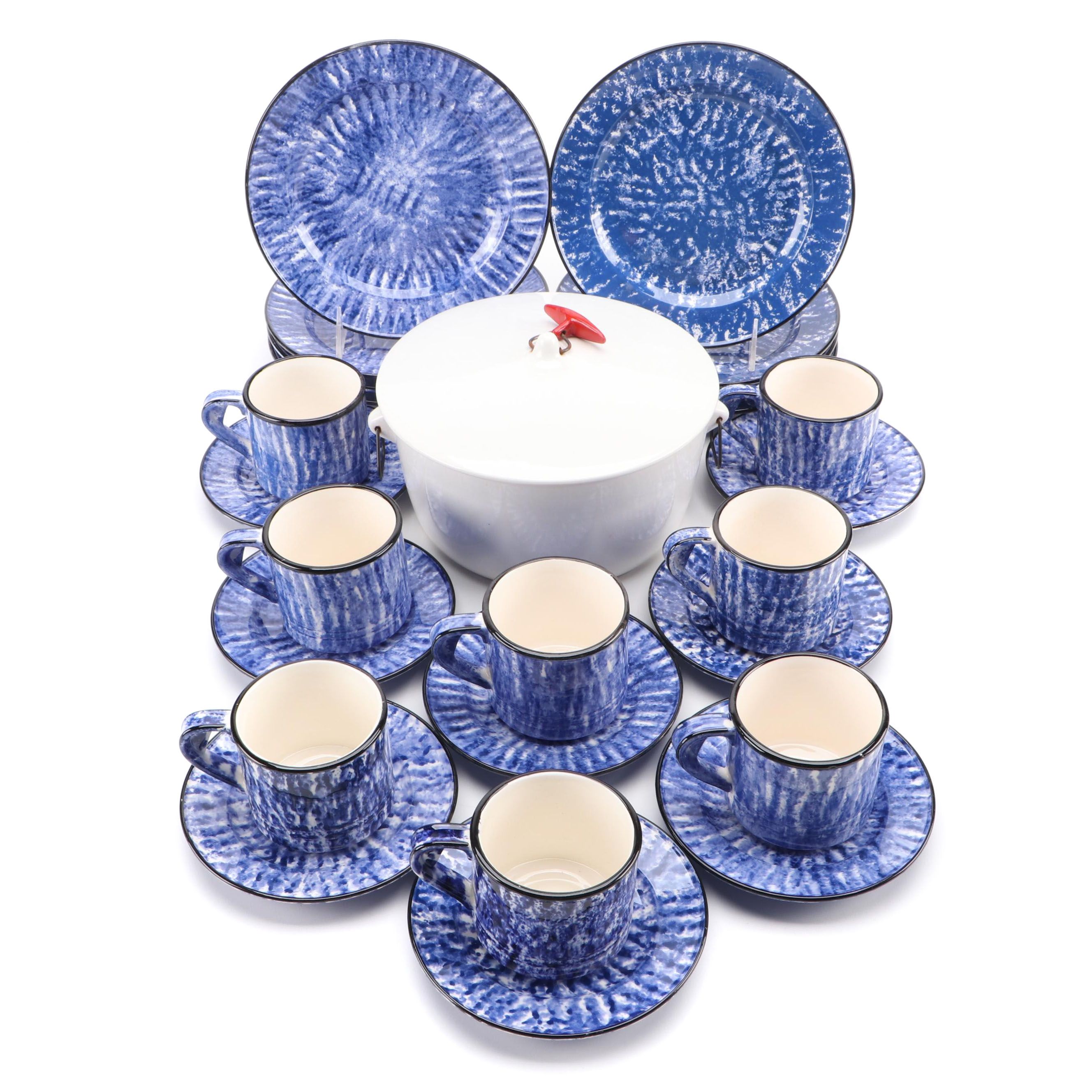 Schmid Blue Spongeware Ceramic Dinnerware and Ironstone Dutch Oven