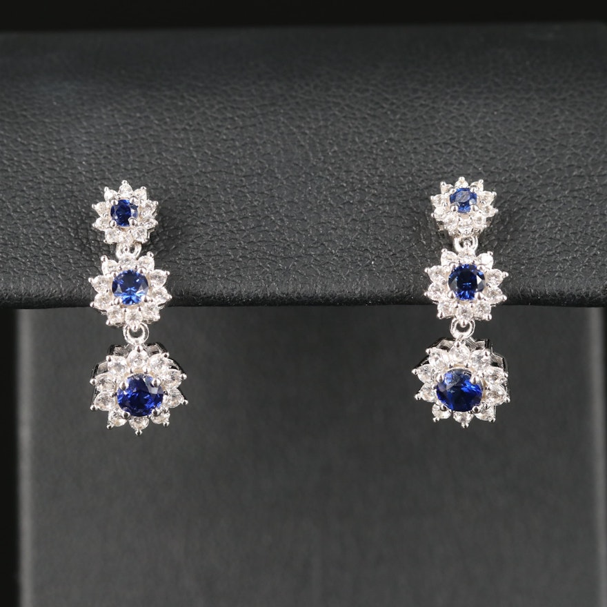 Sterling Silver Sapphire and White Sapphire Graduated Flower Earrings