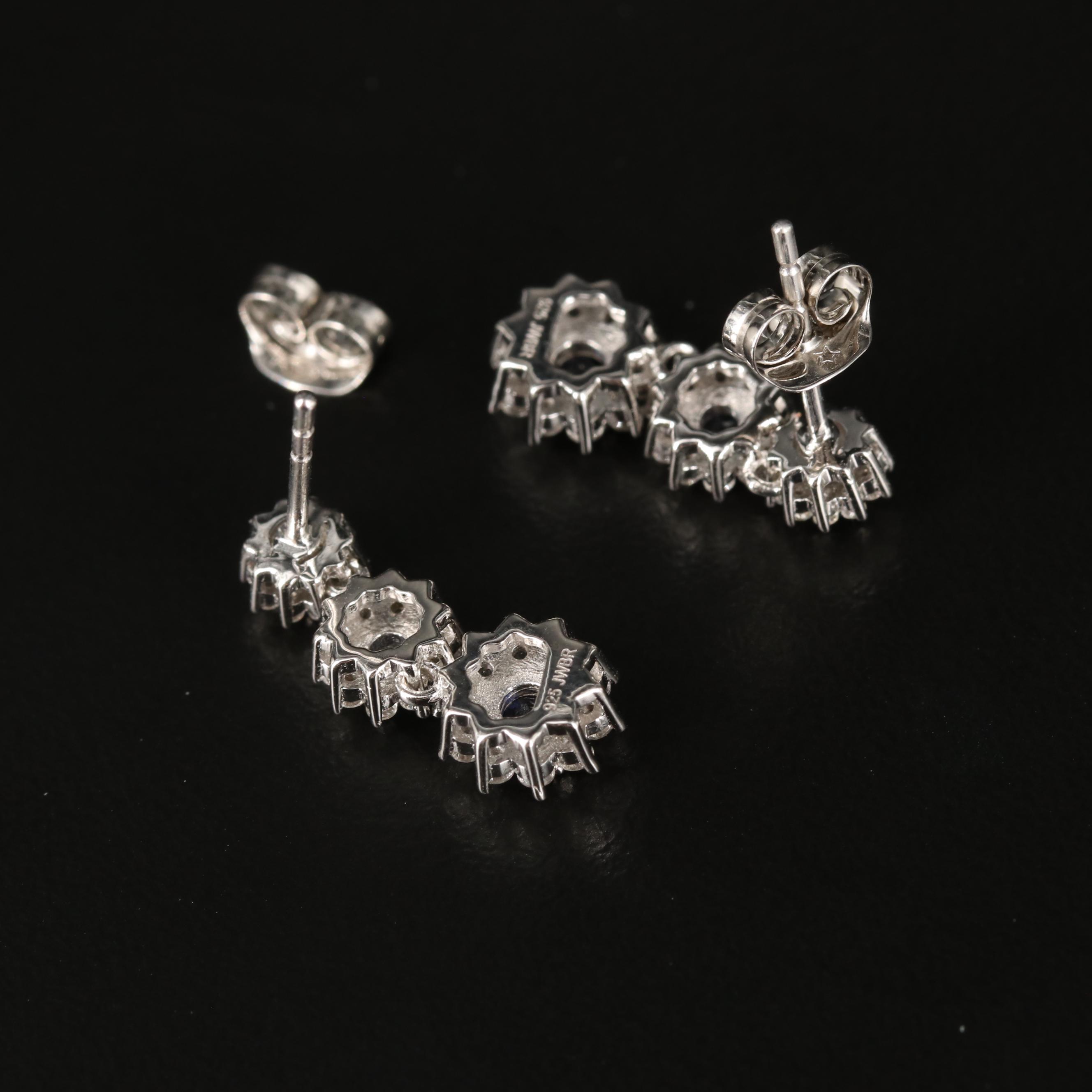 Sterling Silver Sapphire and White Sapphire Graduated Flower Earrings