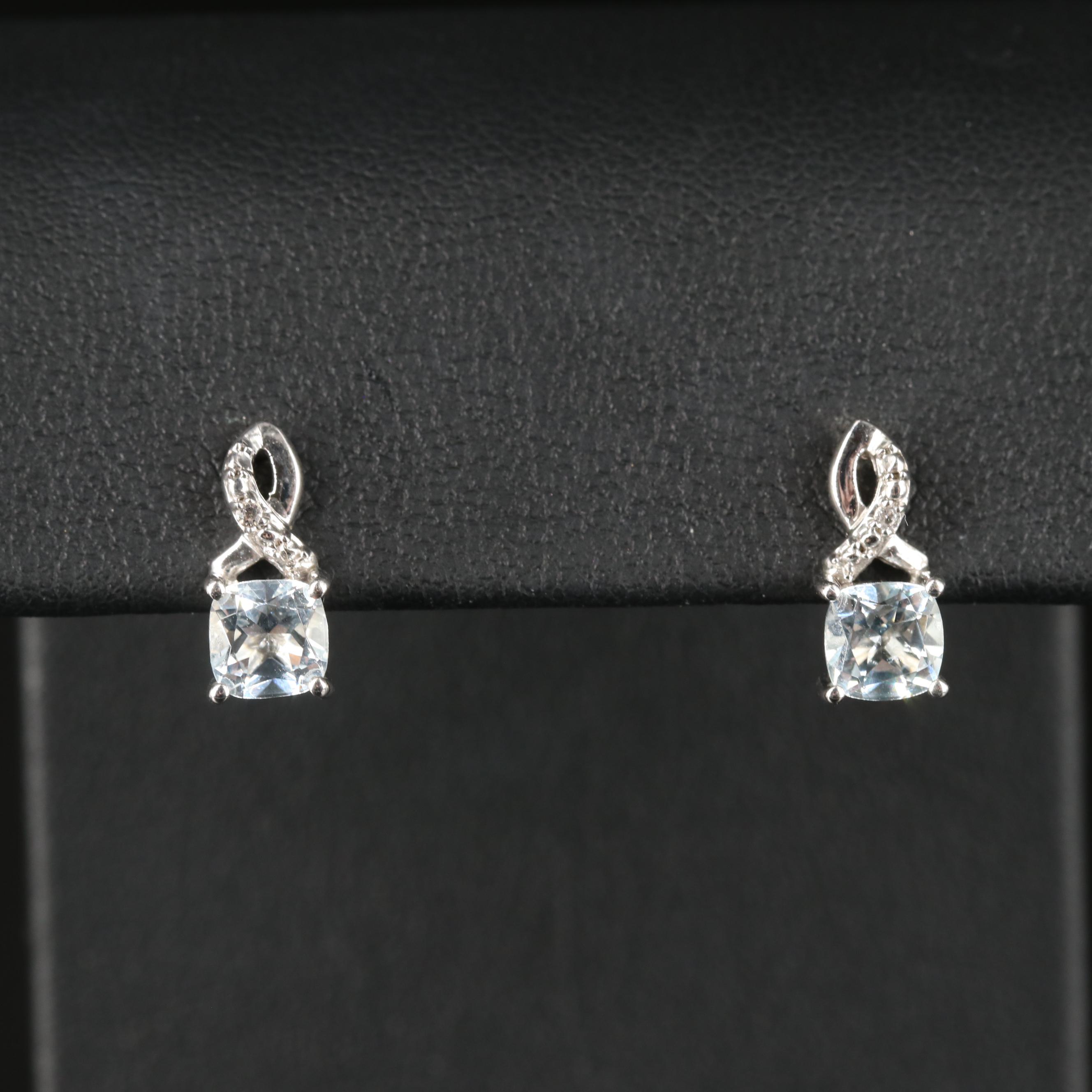 Sterling Silver Aquamarine and White Topaz Ribbon Earrings