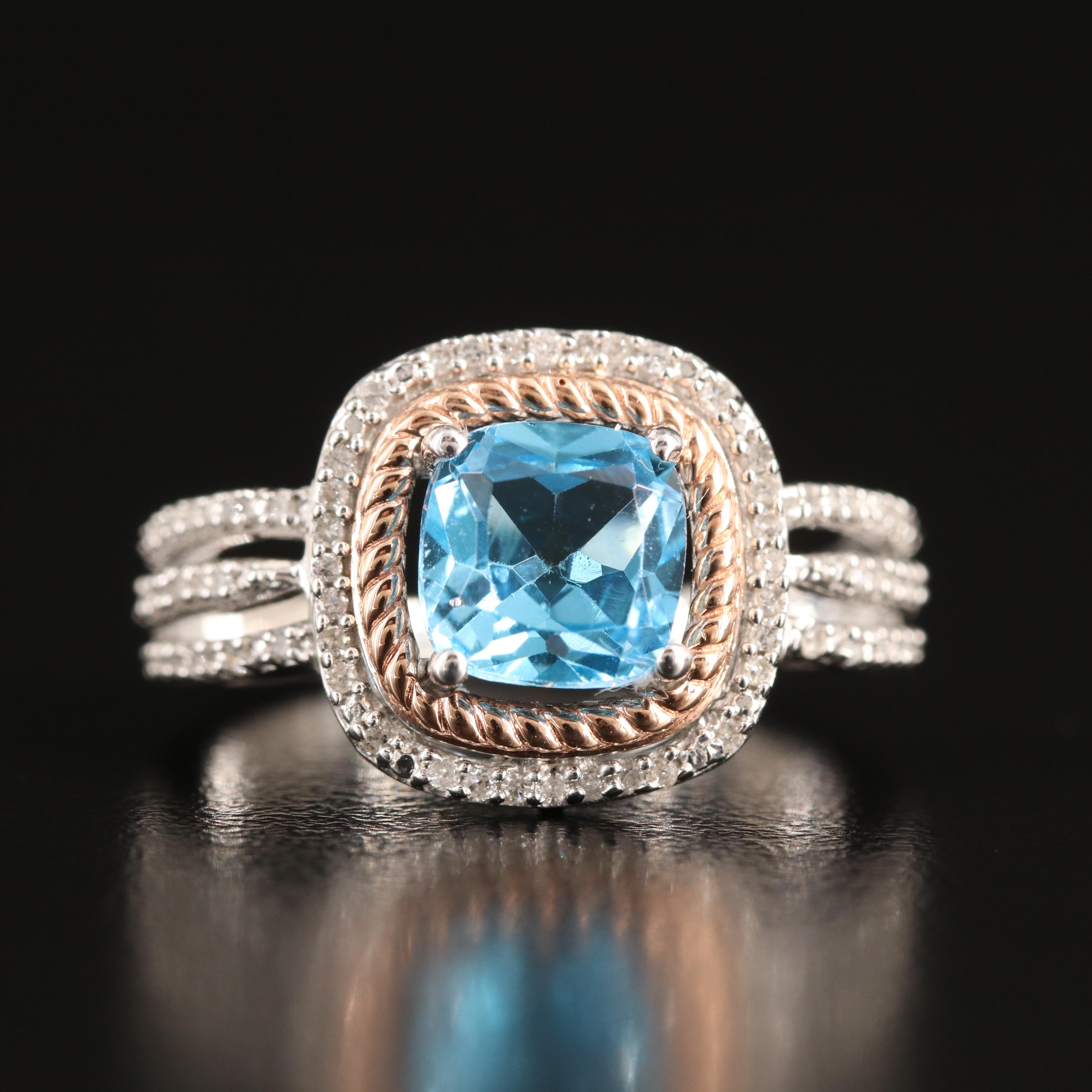 Sterling Sky Blue Topaz and Diamond Ring with 10K Rose Gold Accent