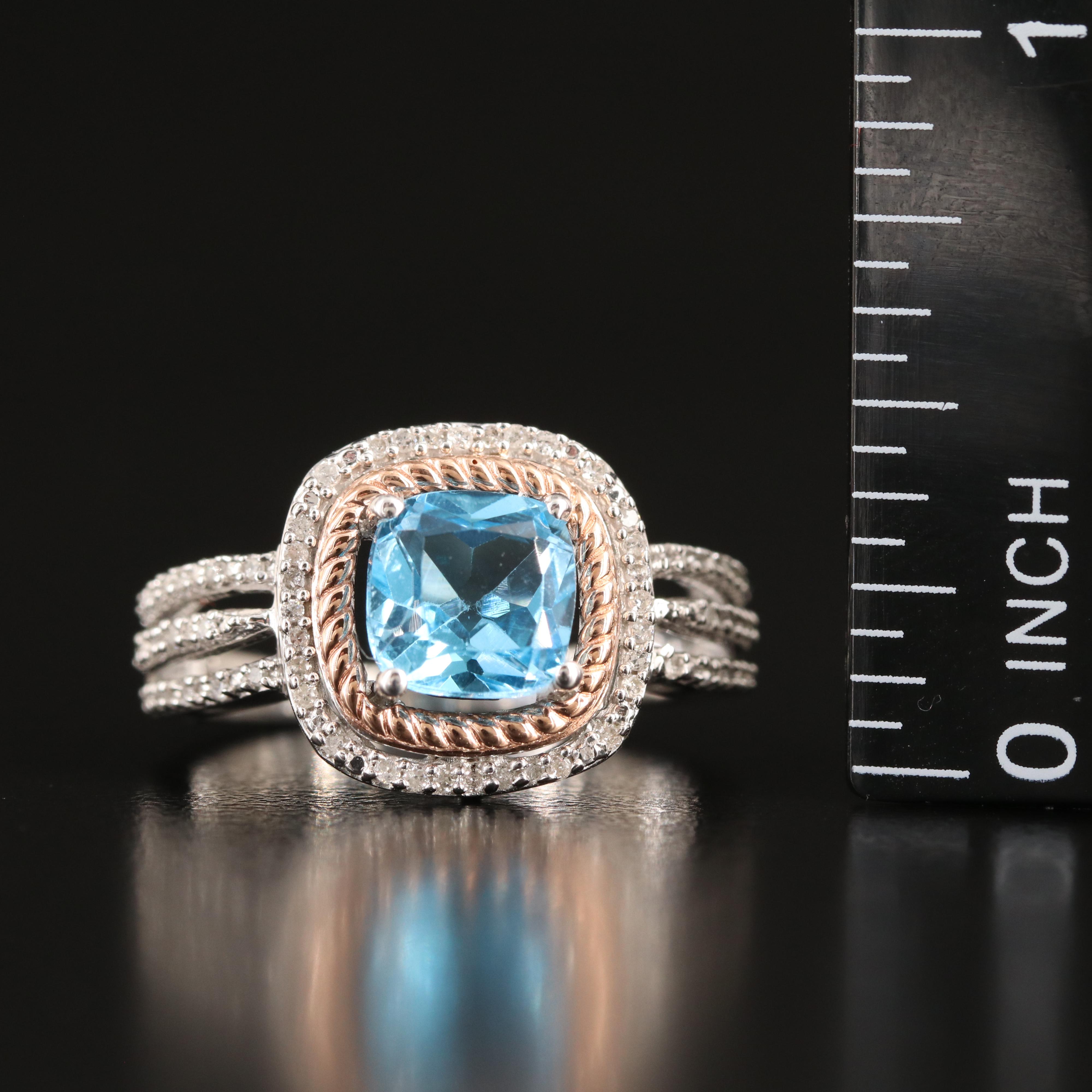 Sterling Sky Blue Topaz and Diamond Ring with 10K Rose Gold Accent