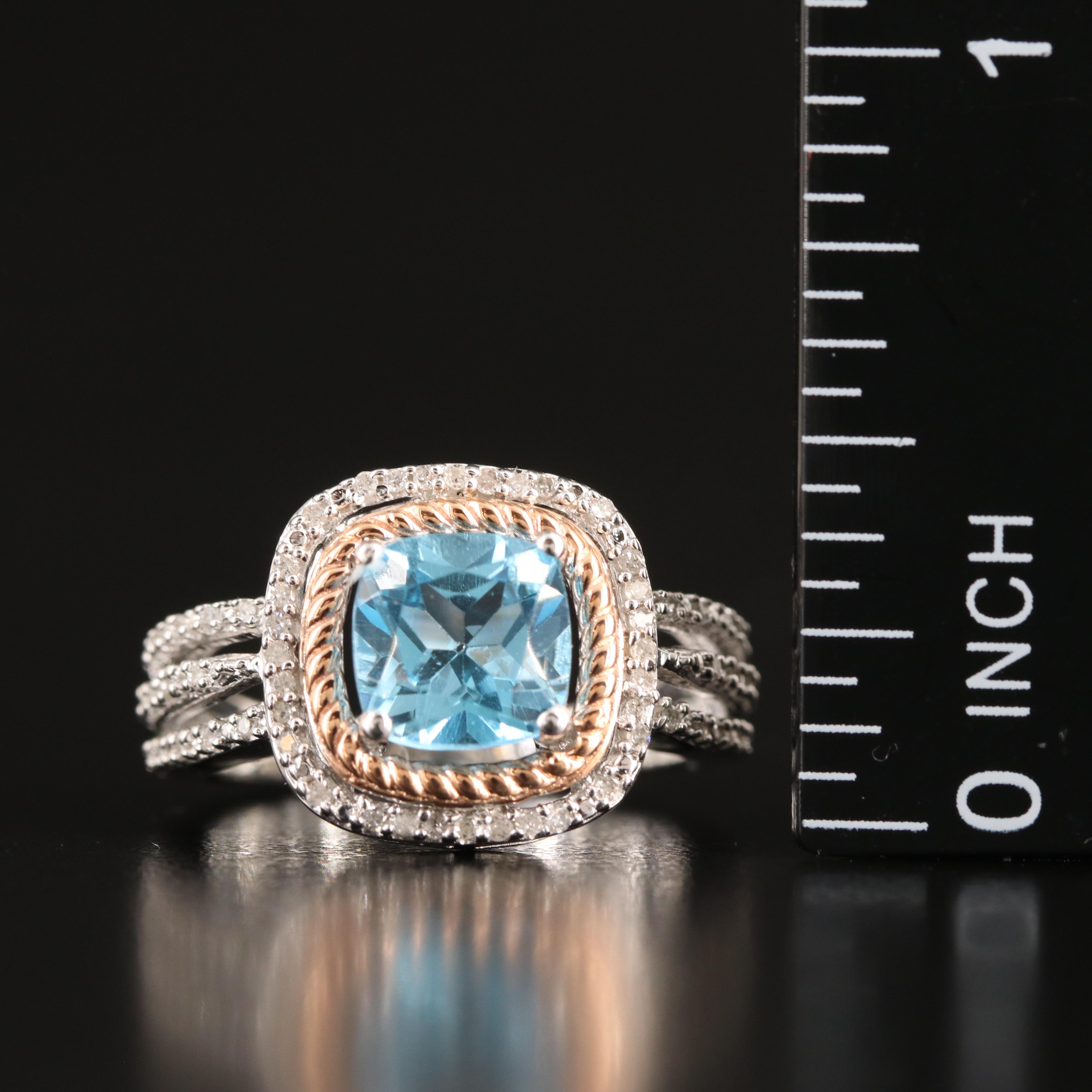 Sterling Sky Blue Topaz and Diamond Ring with 10K Rose Gold Accent
