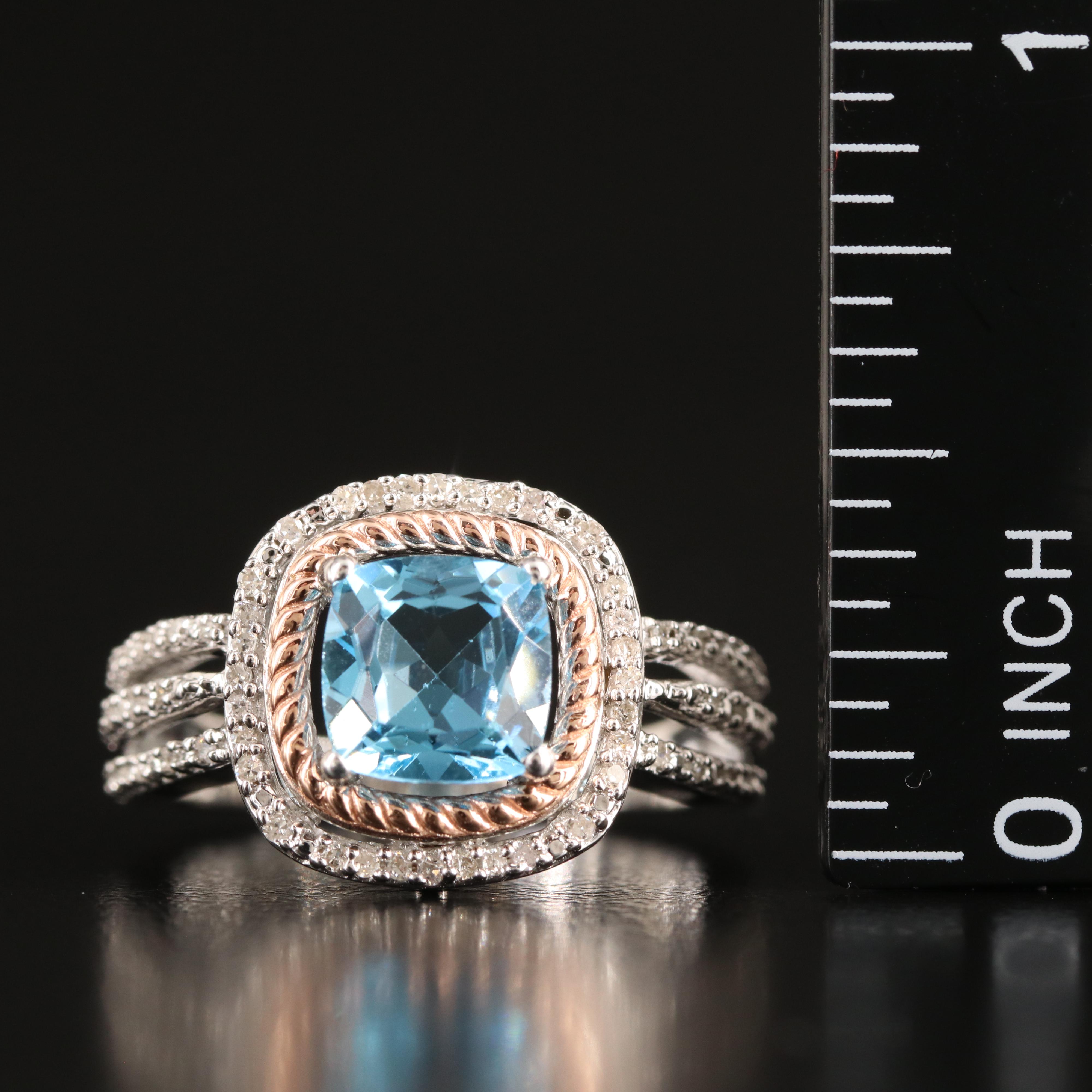 Sterling Sky Blue Topaz and Diamond Ring with 10K Rose Gold Accent