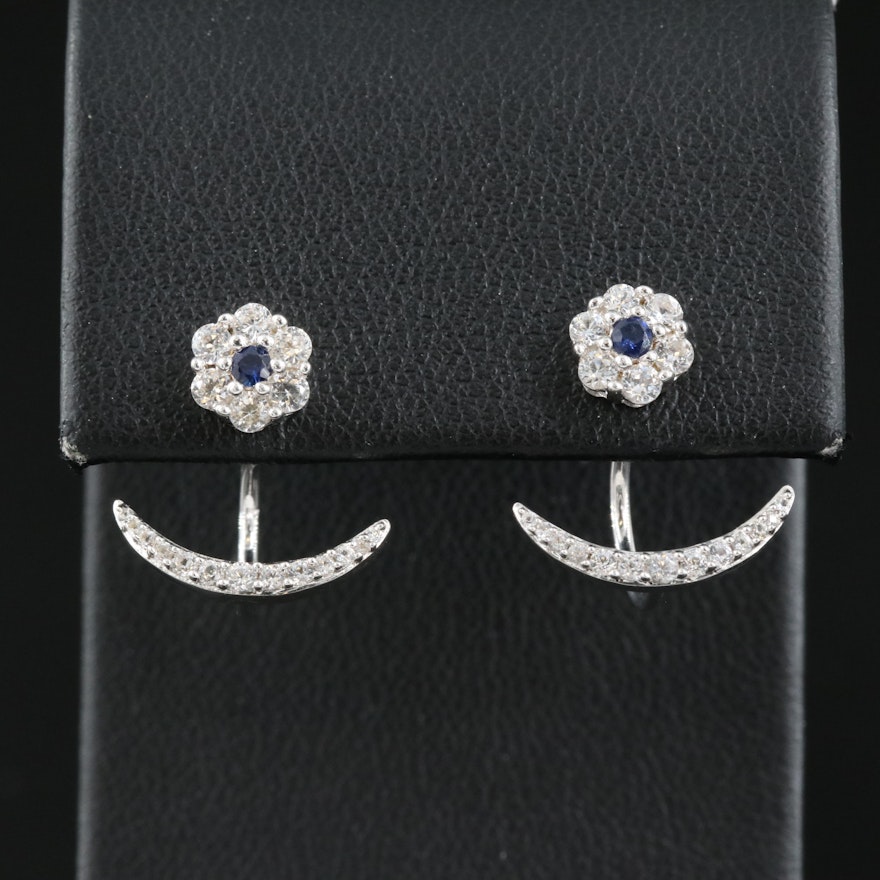 Sterling Sapphire Flower Earrings with Crescent Enhancers