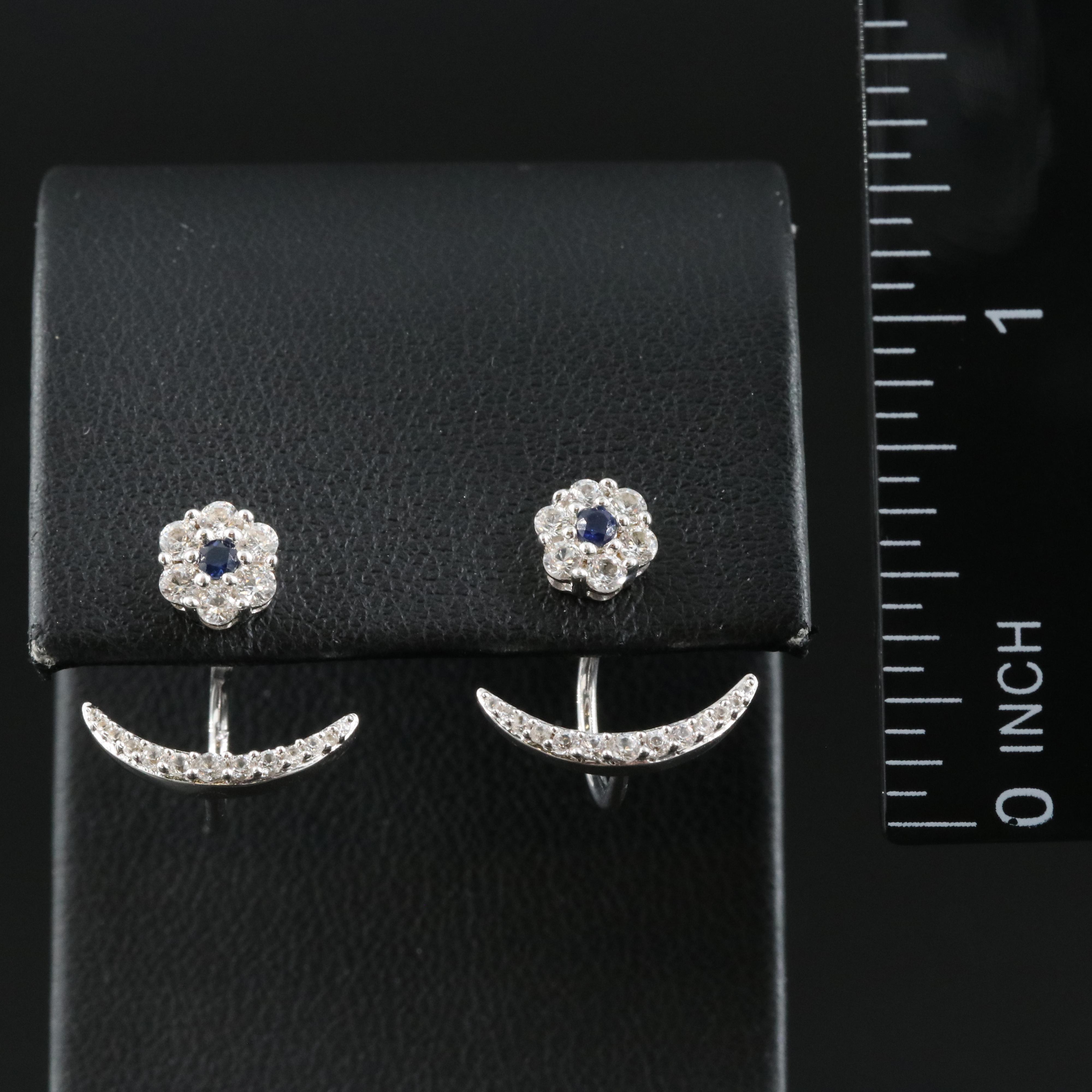 Sterling Sapphire Flower Earrings with Crescent Enhancers