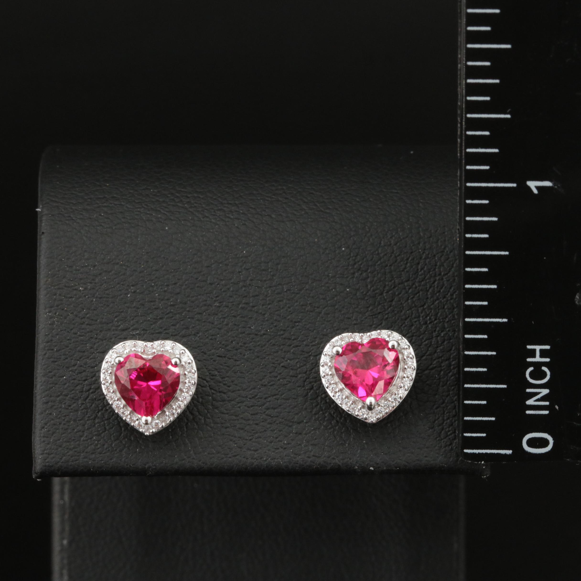 Sterling Ruby and Cubic Zirconia Heart Stud Earrings
