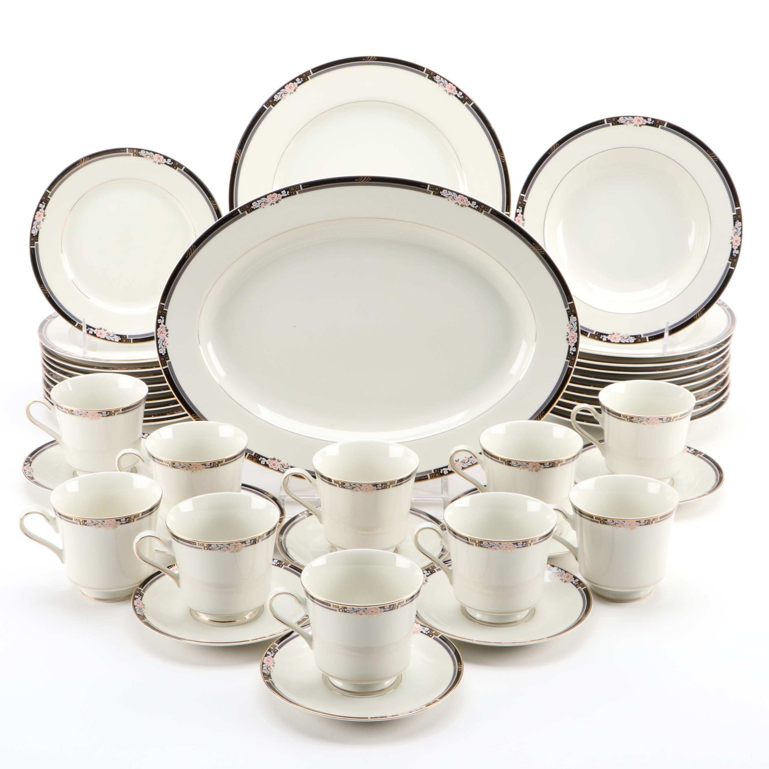 Mikasa "Florisse Black" Porcelain Dinnerware and Serveware, Late 20th Century