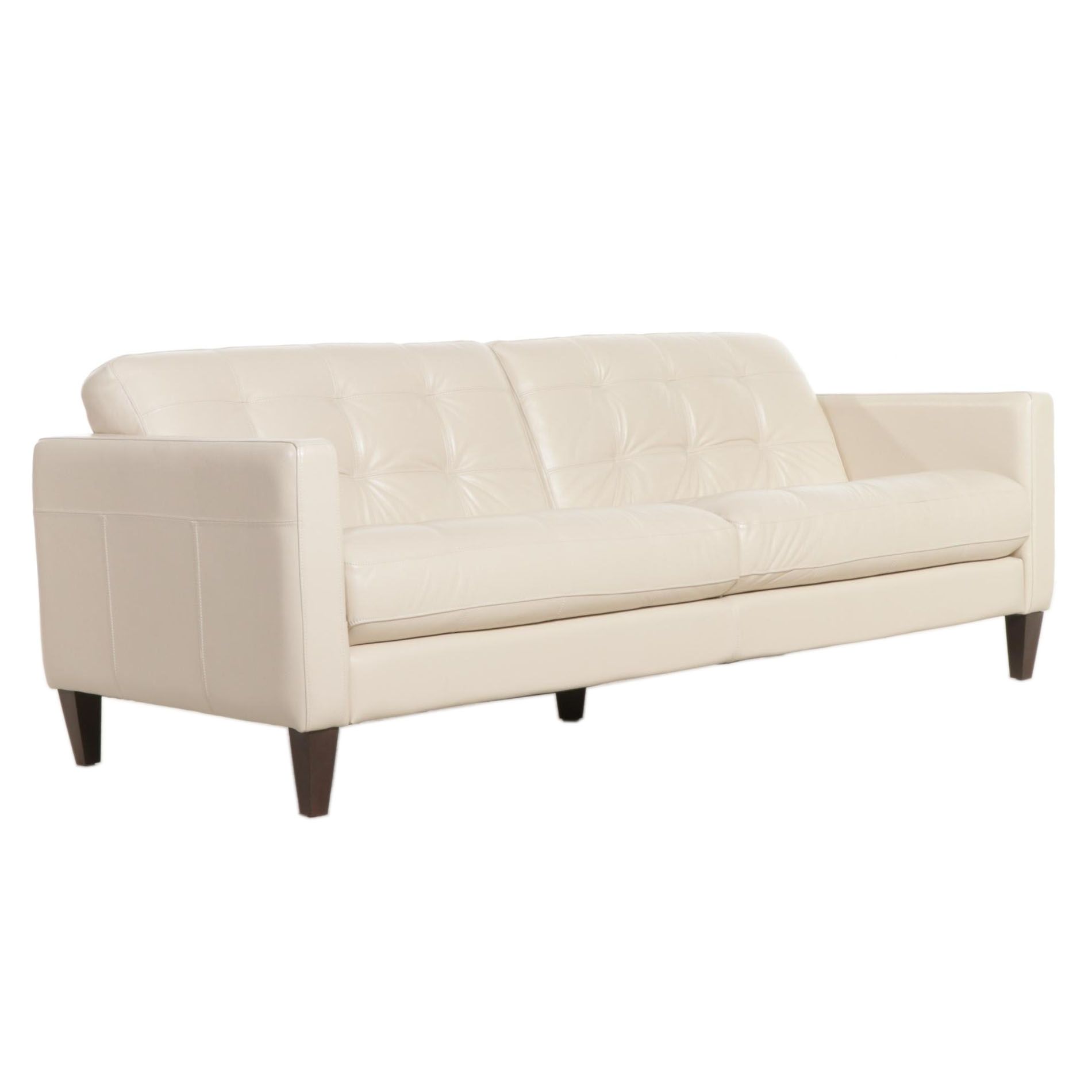 Chateau d'Ax Modernist Style Ivory Leather Grid-Tufted Two-Seat Sofa