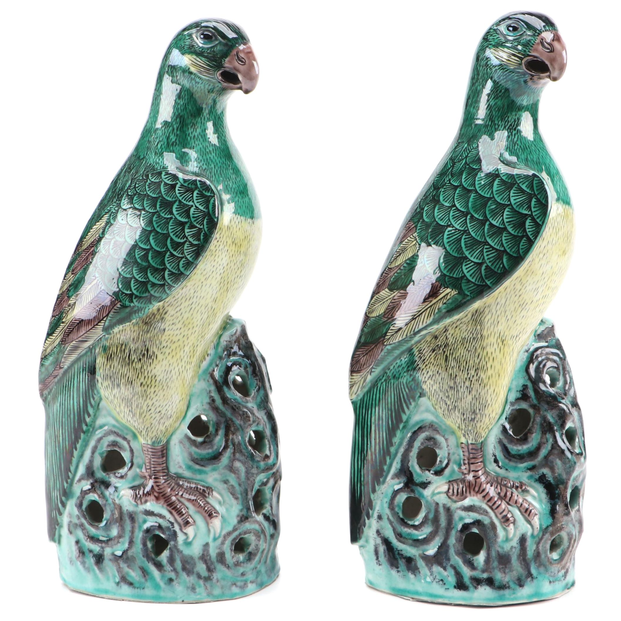 Pair of Chinese Glazed Porcelain Parrot Figures
