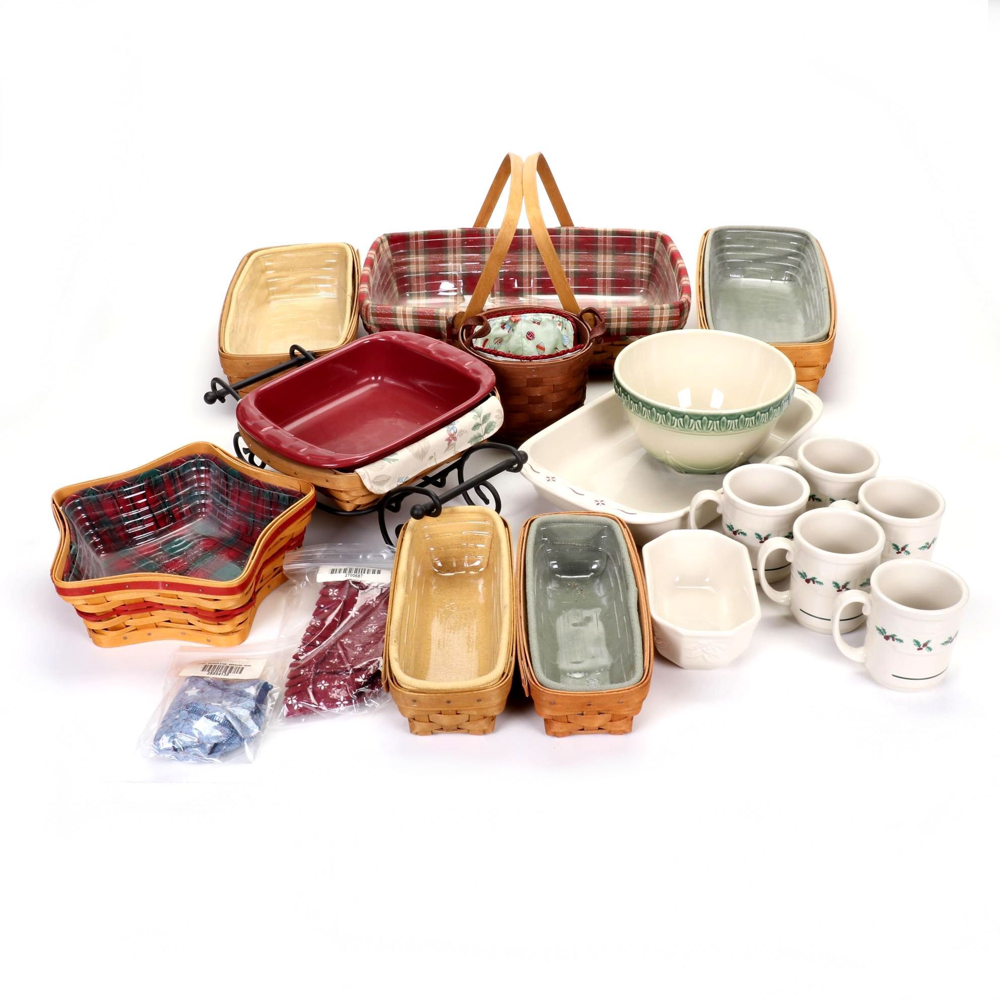 Longaberger Baskets with Pottery Christmas Mugs and Serving Pieces