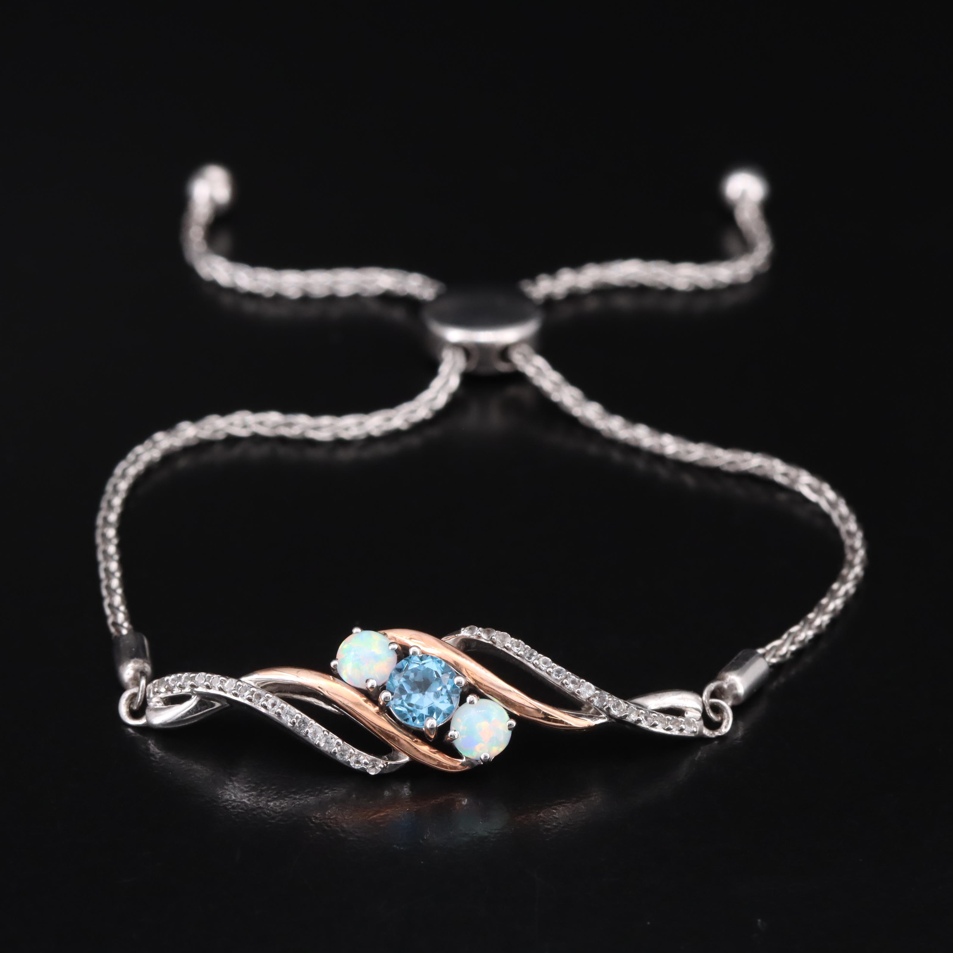 Sterling Swiss Blue Topaz, Opal and Topaz Bolo Bracelet