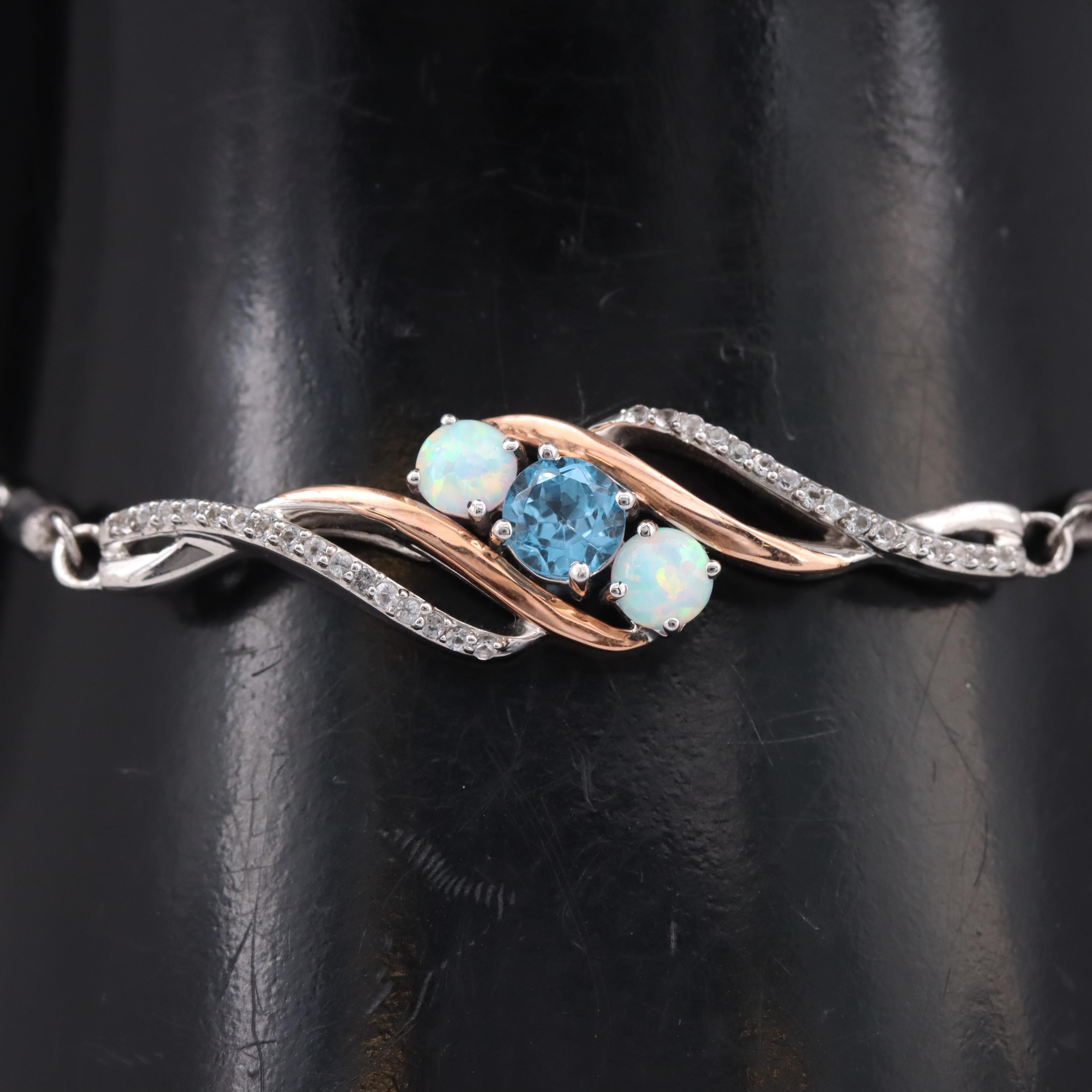 Sterling Swiss Blue Topaz, Opal and Topaz Bolo Bracelet