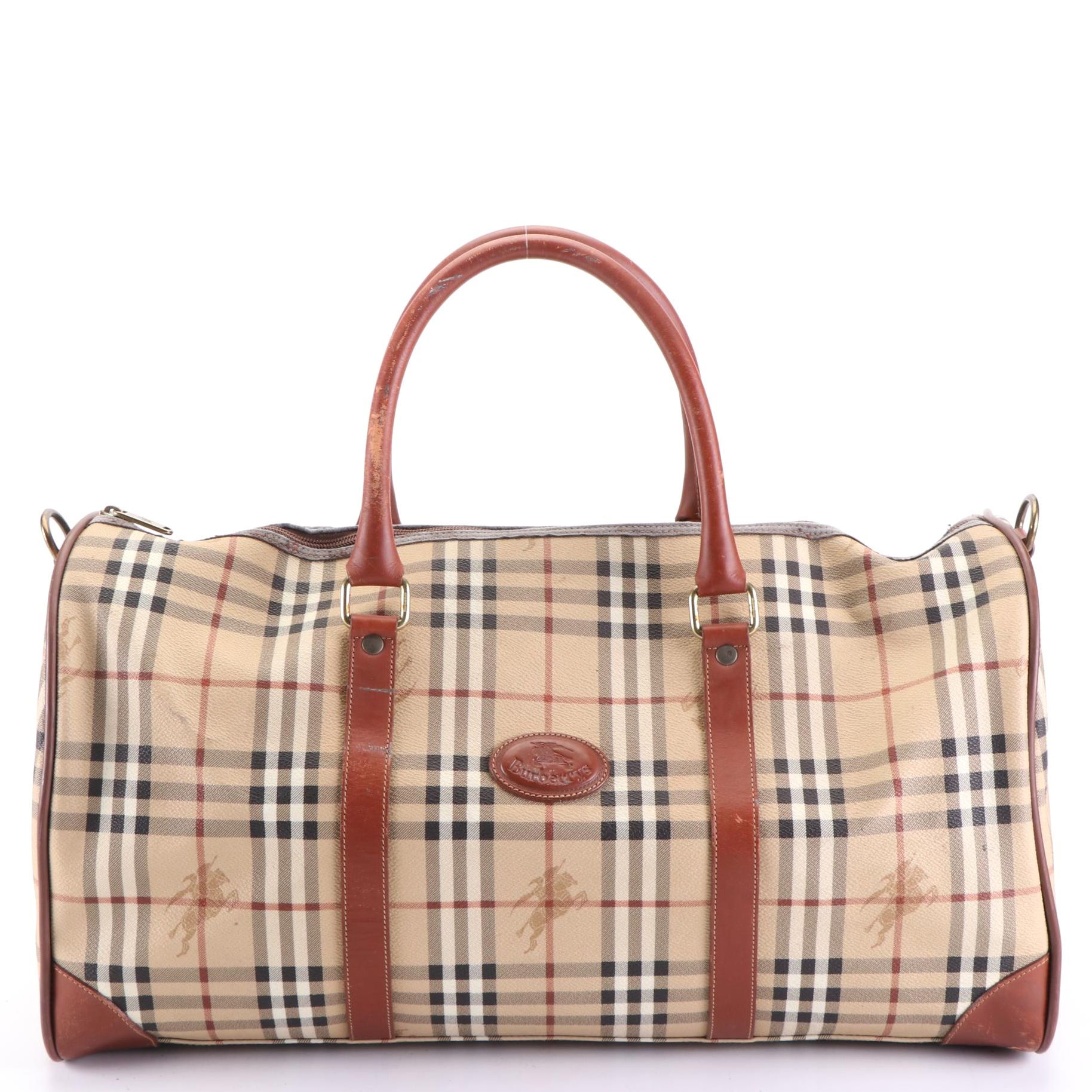 Burberrys Boston Bag in Haymarket Check Coated Canvas and Leather