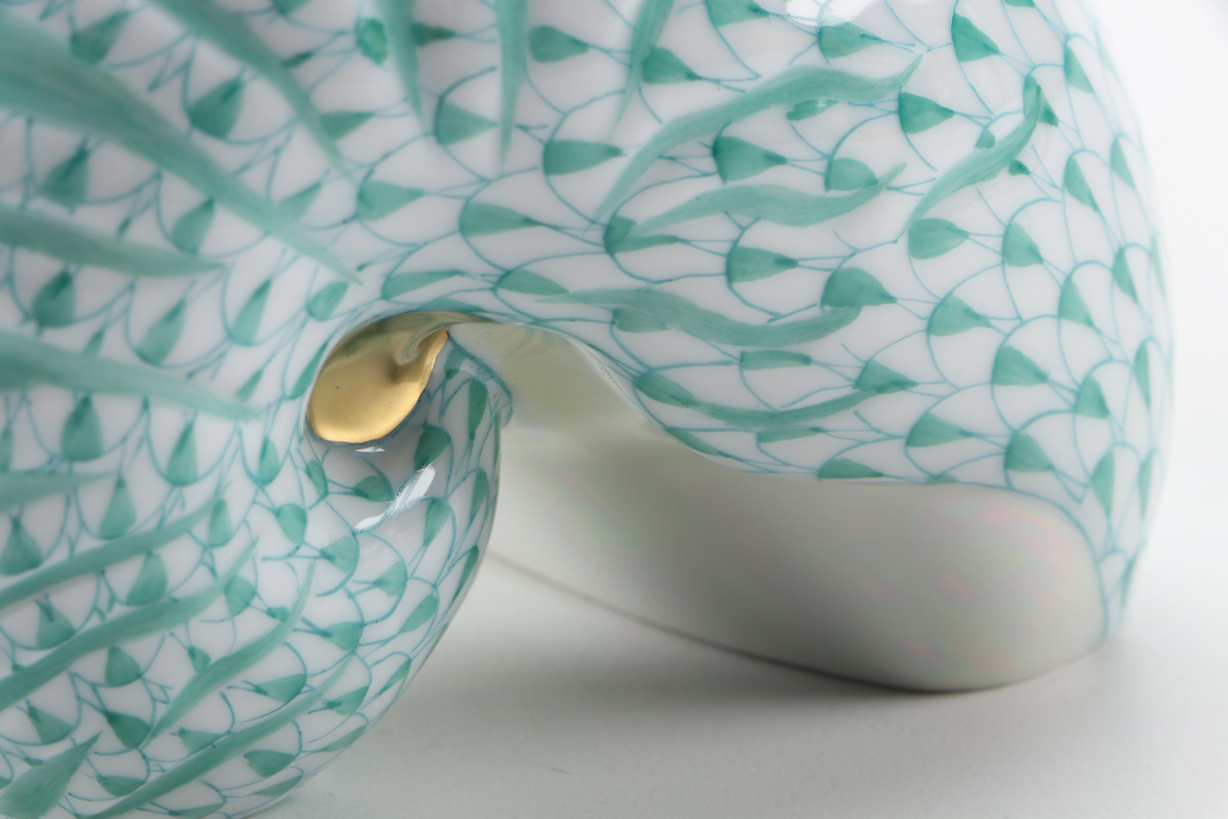 Herend Green Fishnet With Gold "Nautilus Shell" Porcelain Figurine