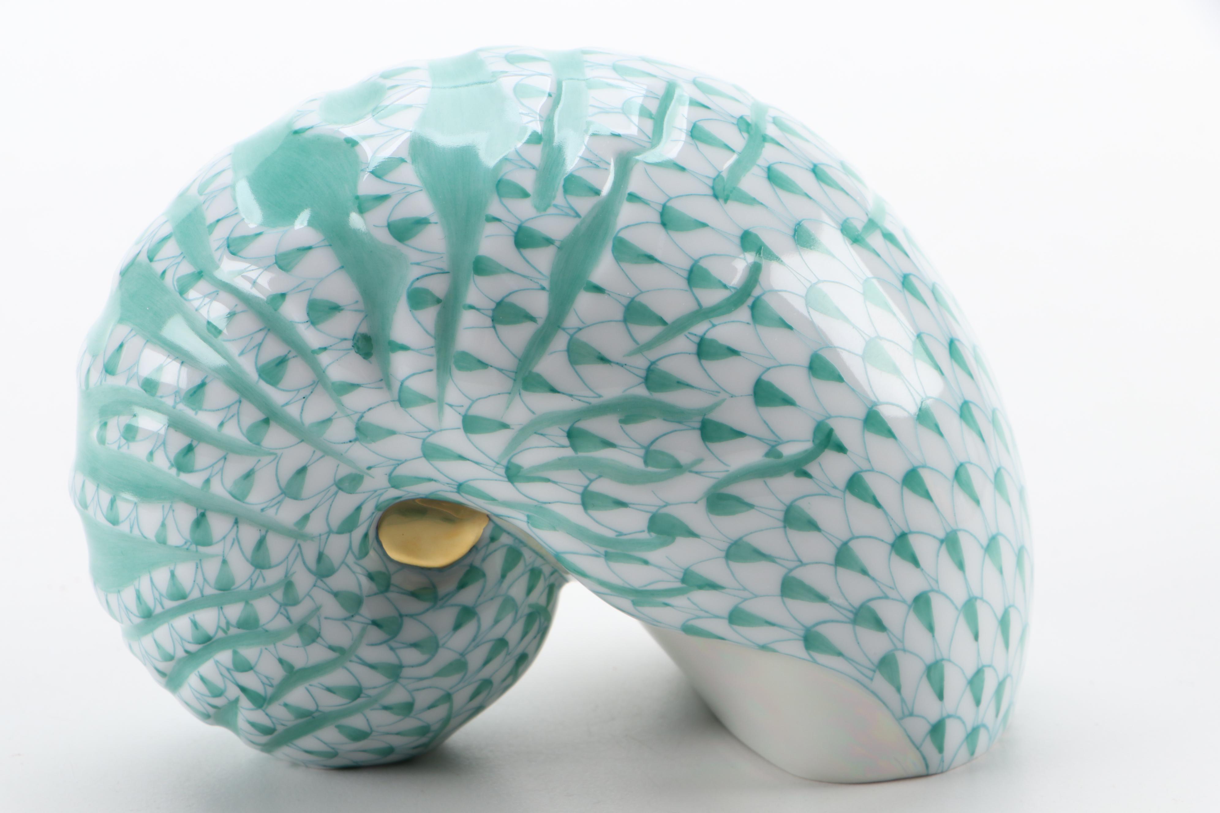 Herend Green Fishnet With Gold "Nautilus Shell" Porcelain Figurine