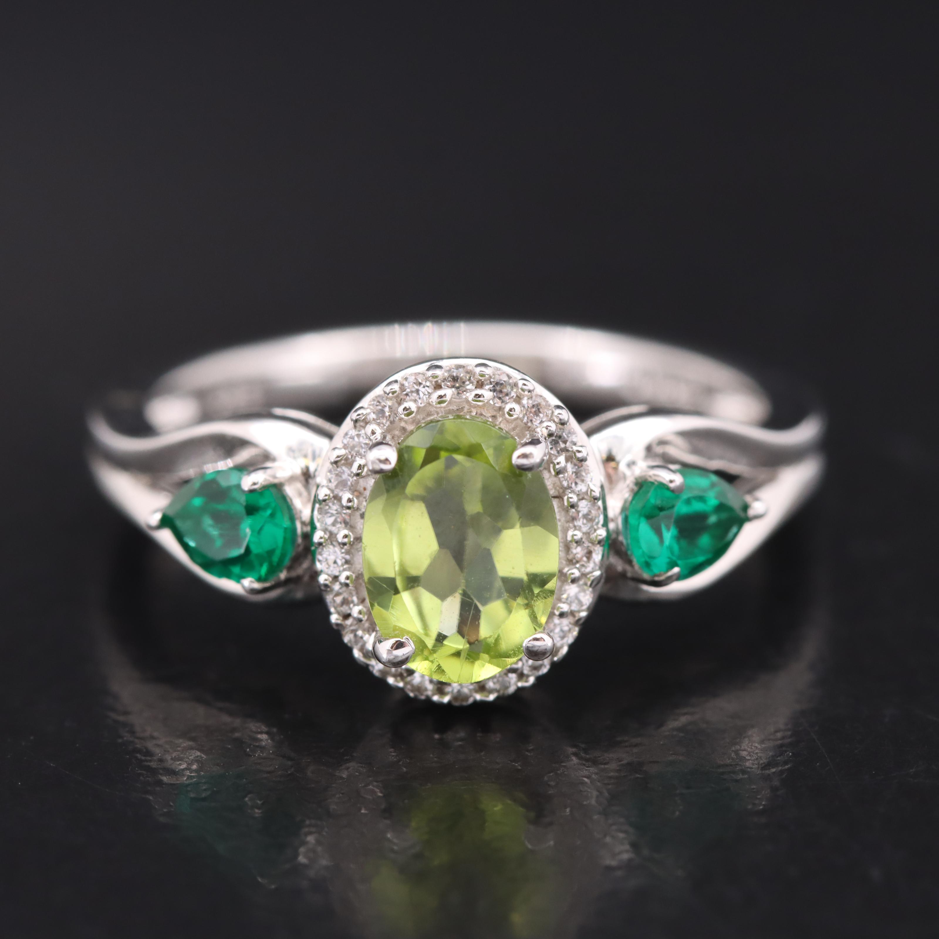 Sterling Peridot, Emerald and Sapphire Ring