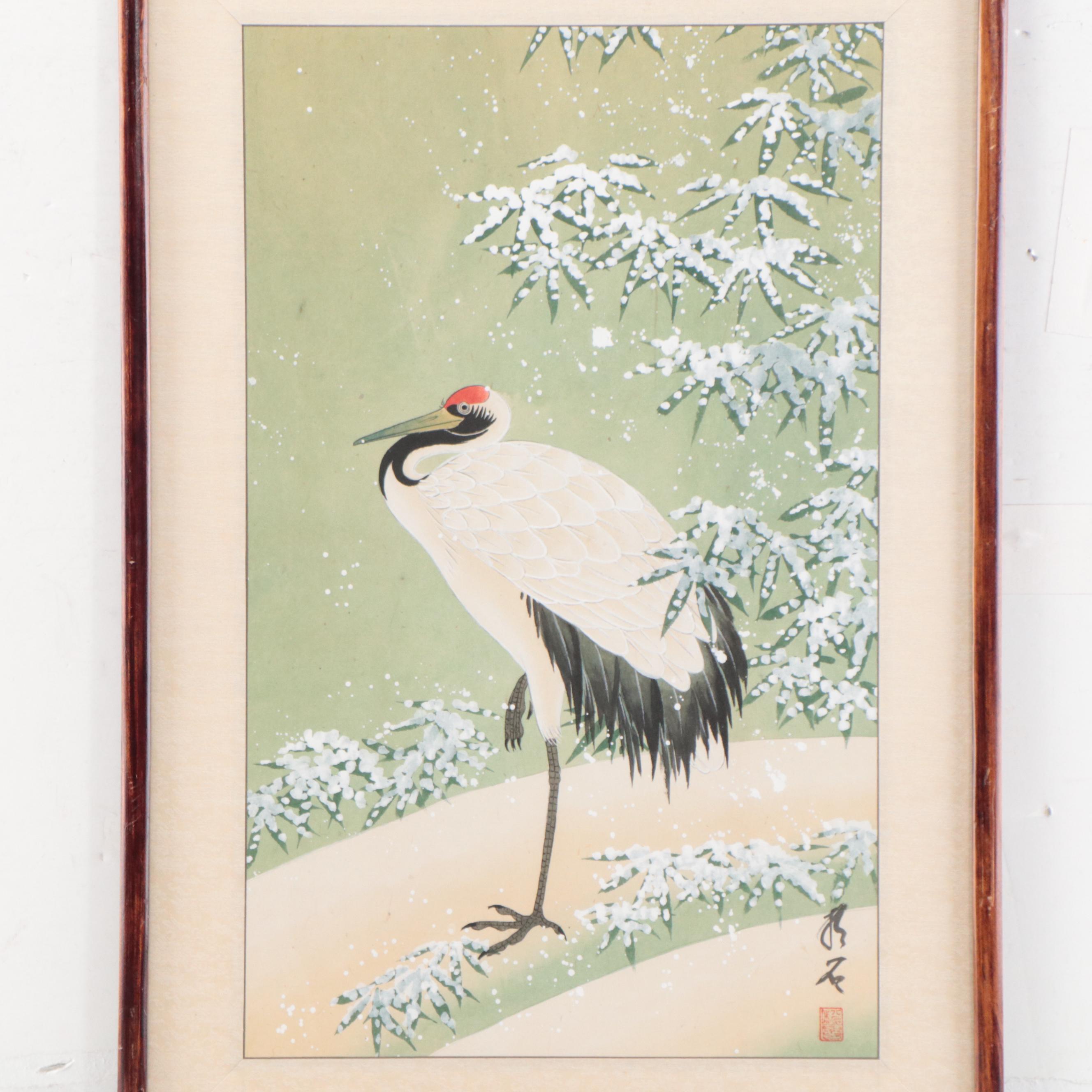 Japanese Gouache Painting of Crane in Snow