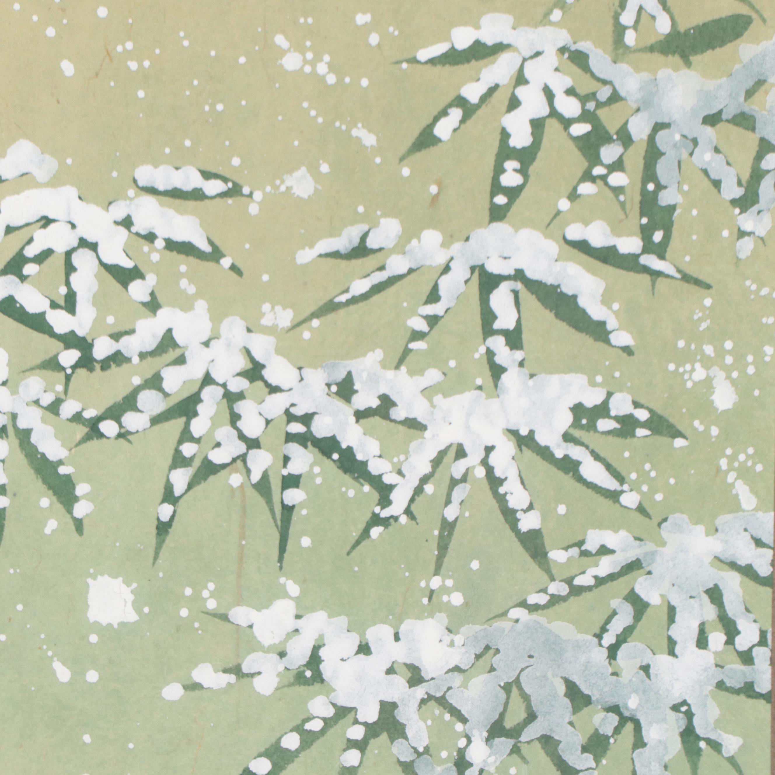 Japanese Gouache Painting of Crane in Snow