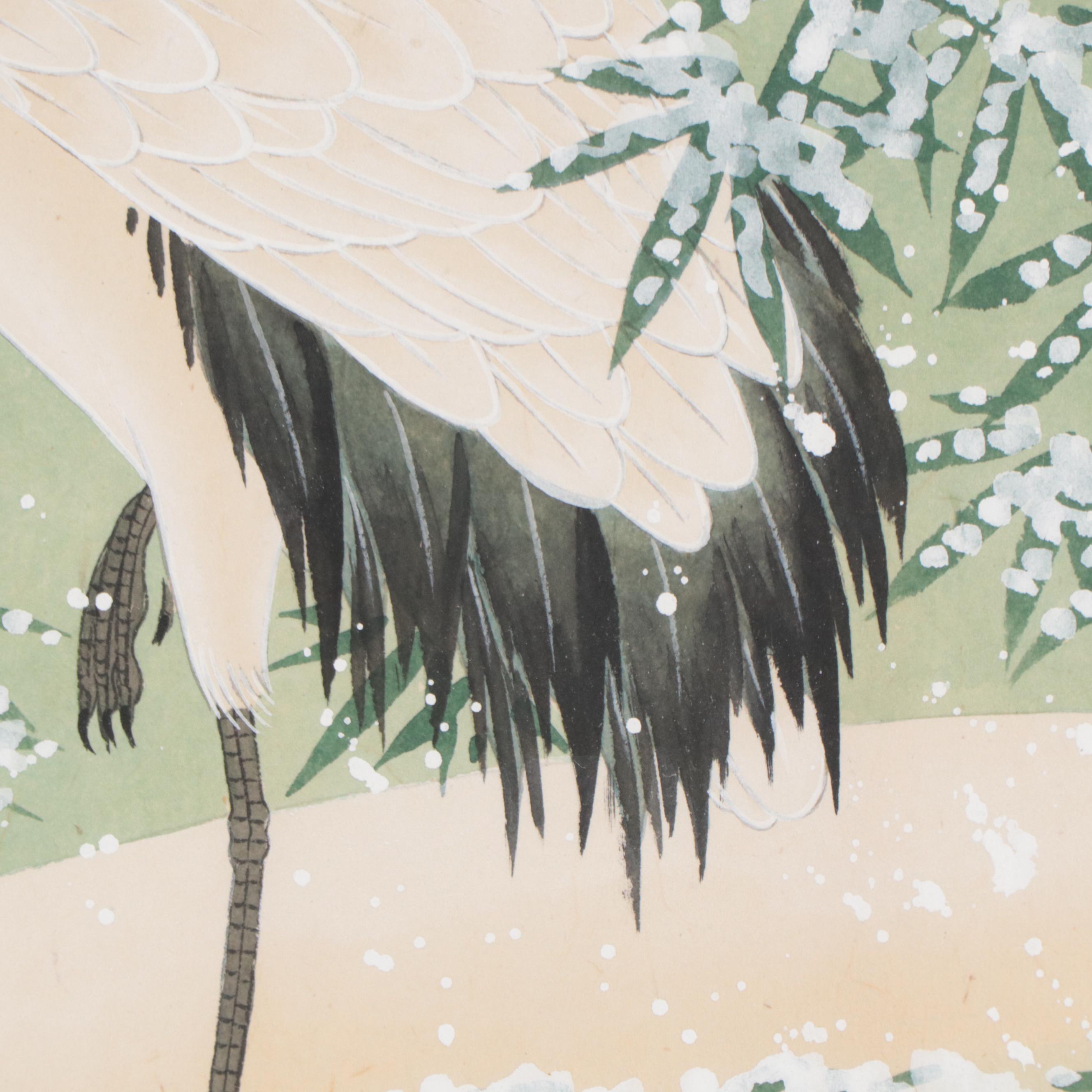 Japanese Gouache Painting of Crane in Snow