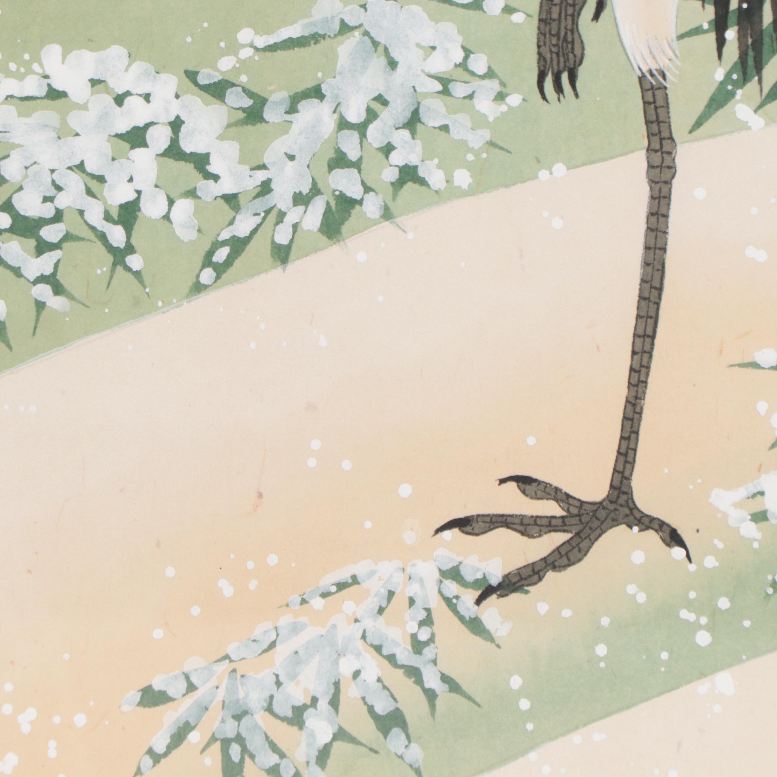Japanese Gouache Painting of Crane in Snow