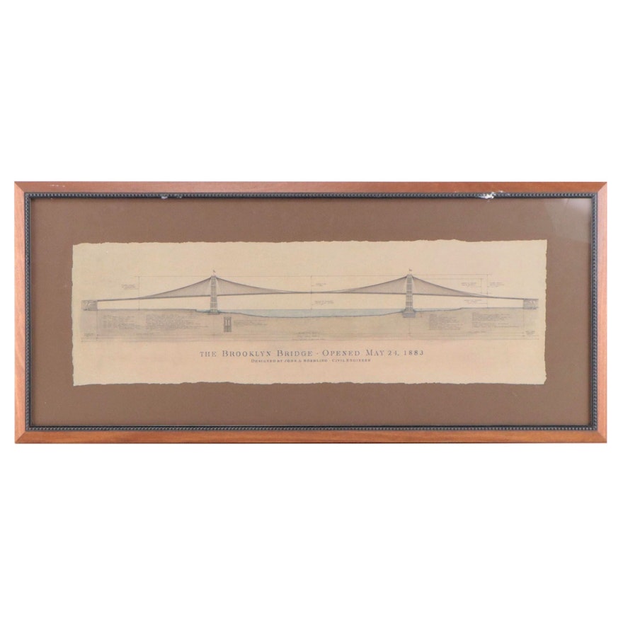 Offset Lithograph of Brooklyn Bridge Architectural Sketch
